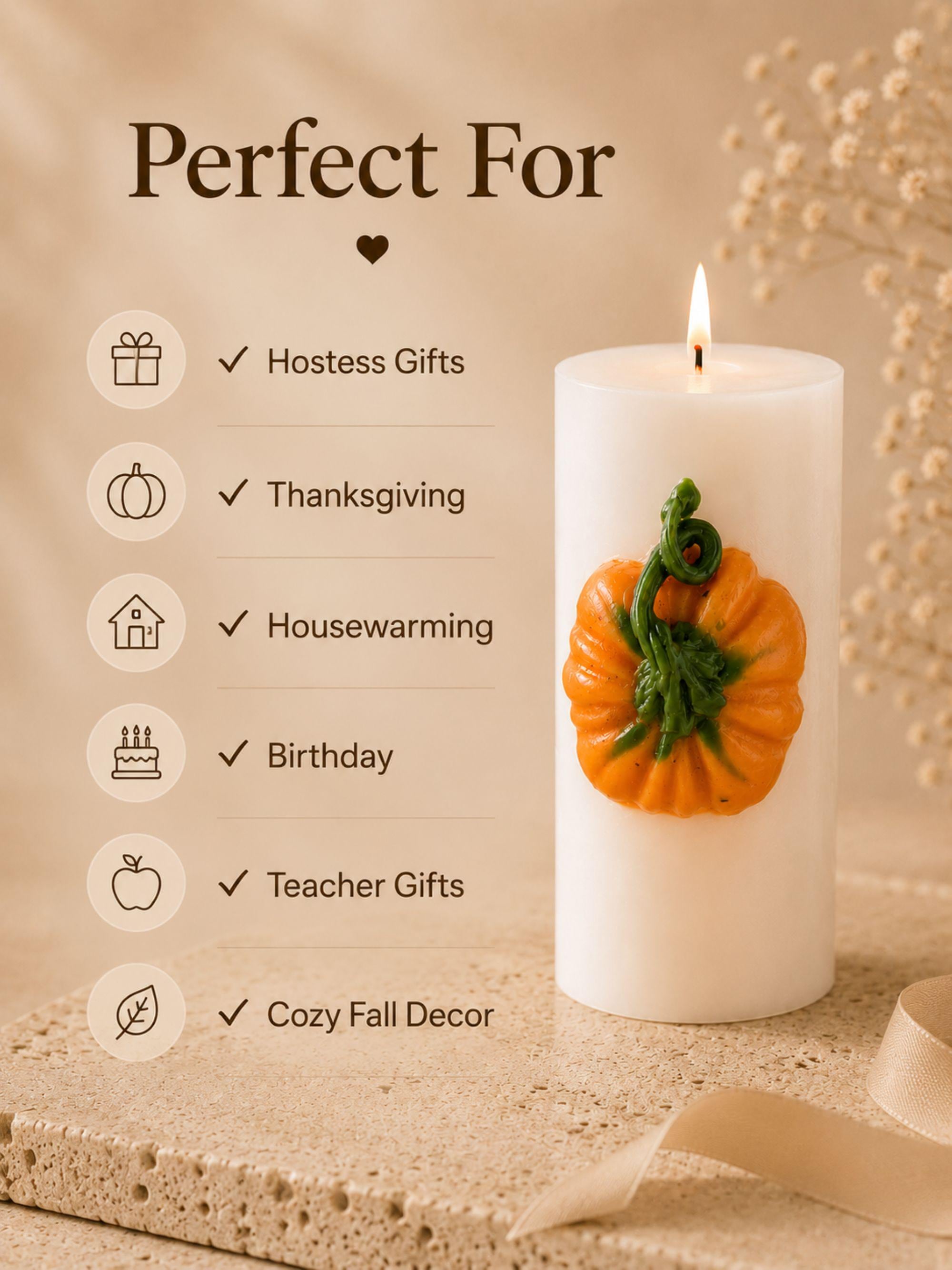 Pumpkin Candle fall soy wax pillar candle for autumn home decor, Thanksgiving table styling, harvest decor, and cozy seasonal gifts.