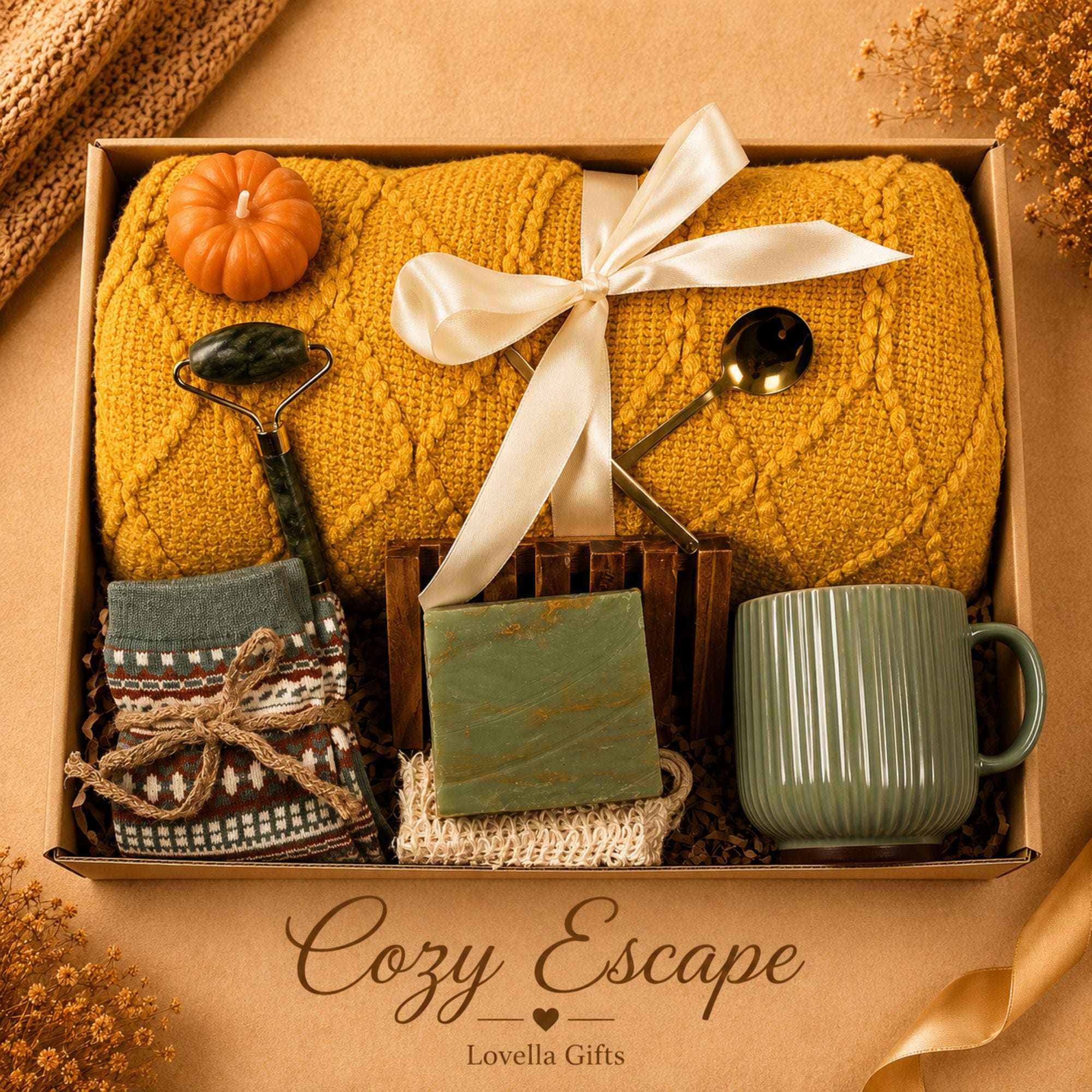 Hygge Gift Box for Women cozy autumn gift set with fall self care items, housewarming gift styling, and gift-ready packaging.