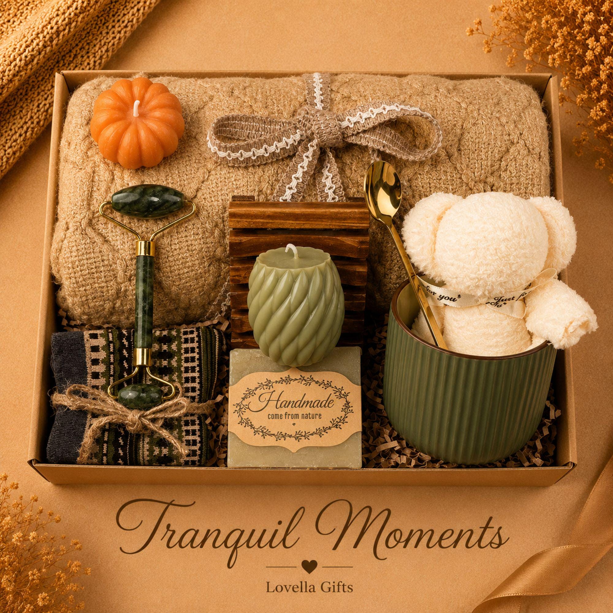 Hygge Gift Box for Women cozy autumn gift set with fall self care items, housewarming gift styling, and gift-ready packaging.
