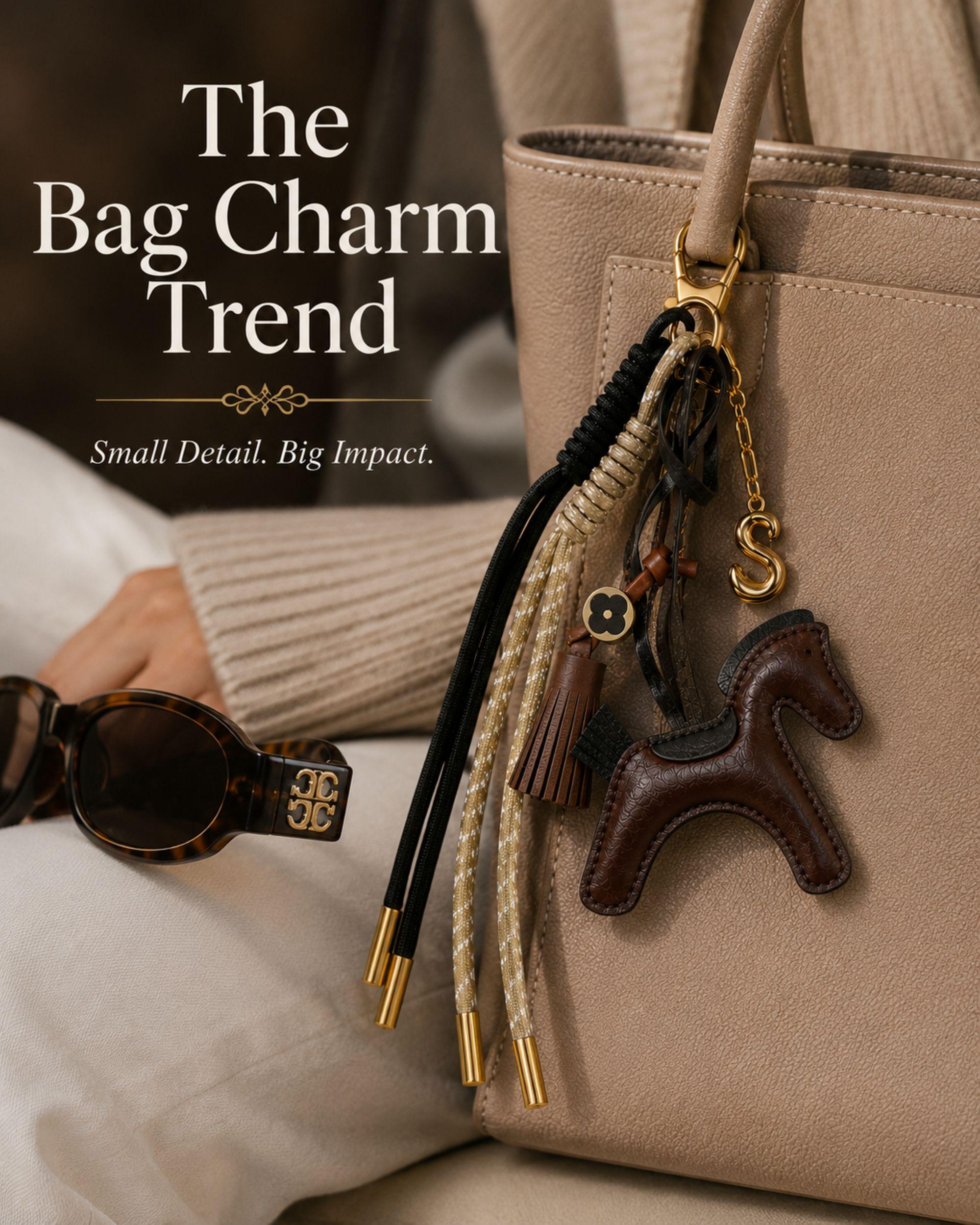 Handmade horse bag charm featuring a brown leather horse charm, tassel charm, decorative black and cream cords, and gold initial letter charm. Equestrian purse charm designed for handbags, tote bags, backpacks, travel bags, and everyday purses. Luxury horse keychain accessory for horse lovers, equestrian riders, western fashion enthusiasts, and women who love personalized handbag accessories. Stylish leather purse charm gift for her.