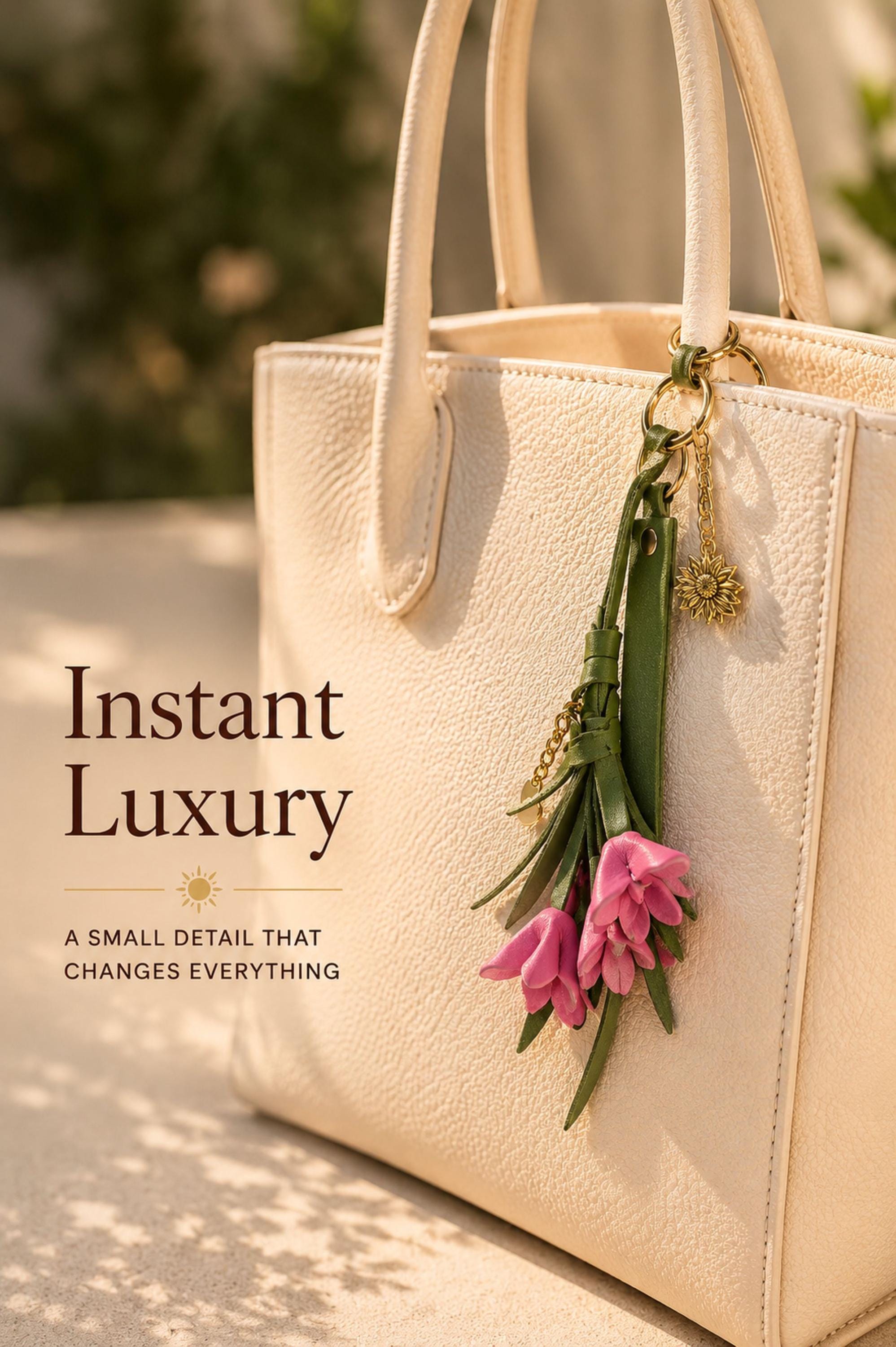Sun Charm Bag Accessory styled on a cream handbag, showing pink leather flowers, olive tassel, gold sun charm and luxury botanical purse detail.