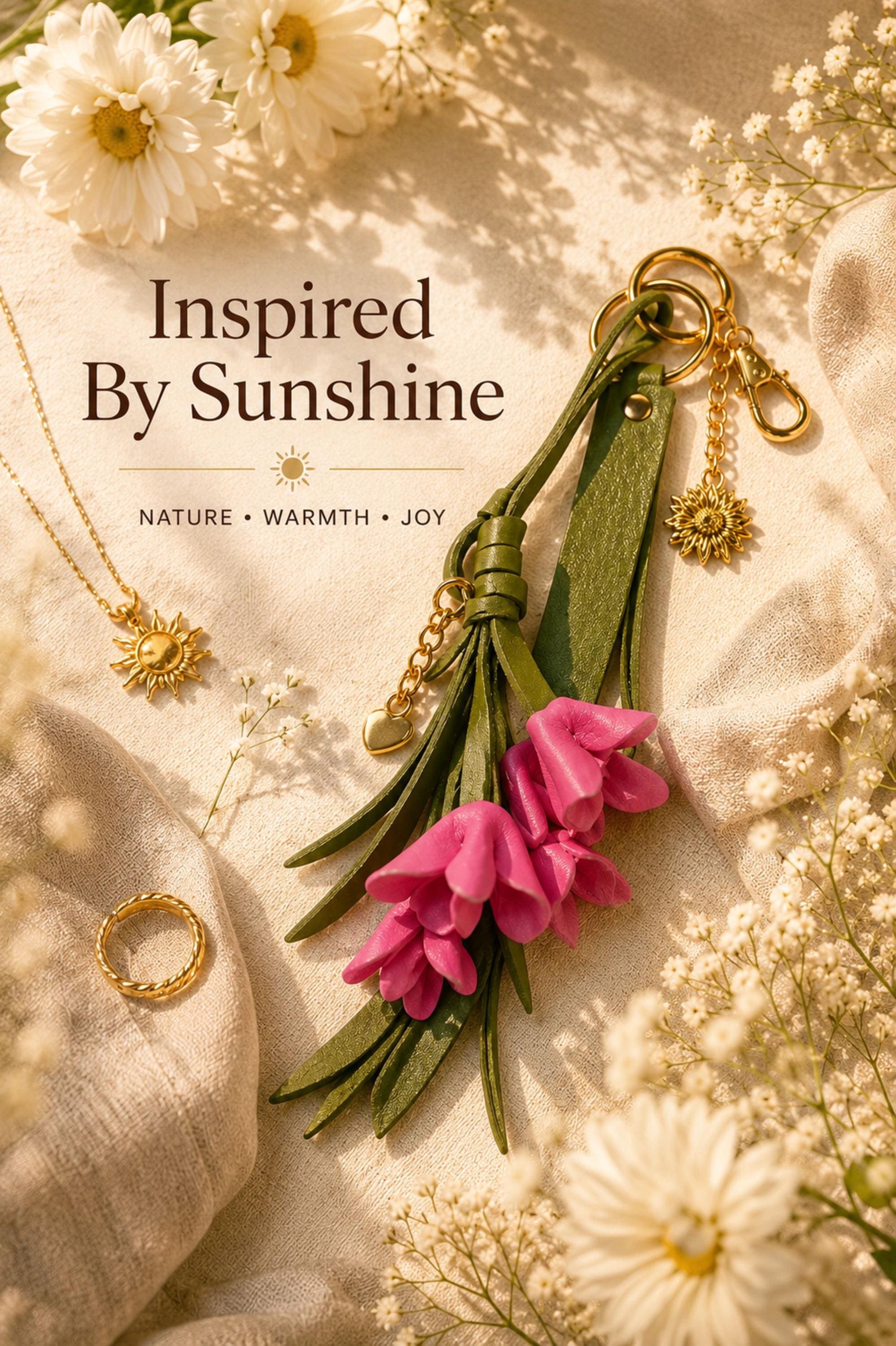 Handmade botanical bag charm featuring pink leather flowers, olive green leather tassel and gold sun charm. Nature inspired purse charm designed as luxury handbag jewelry for tote bags, shoulder bags, crossbody bags, beach bags and backpacks. Cottagecore bag accessory with premium gold hardware, feminine handbag decoration, leather tassel keychain, boho purse charm, handmade gift for women, birthday gift, Mother's Day gift, bridesmaid gift, everyday handbag accessory.
