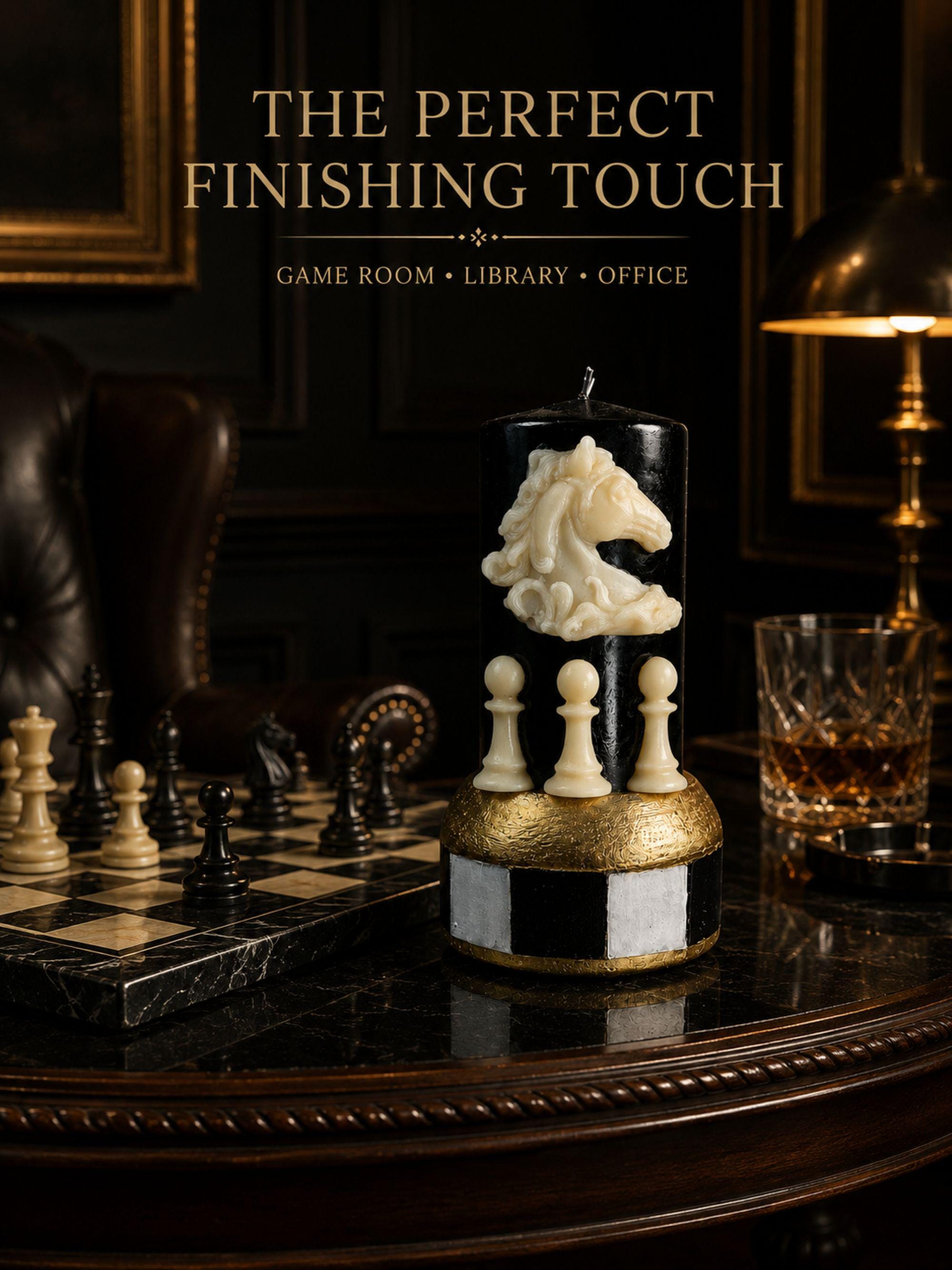 Knight candle sculpture handmade soy wax candle with sculpted horse chess piece, luxury black and gold candle decor, dark academia home decor, chess horse candle, collector gift, office desk decor, unique sculptural candle, luxury shelf styling, modern home decoration, chess lover gift, handmade candle art, premium interior decor.