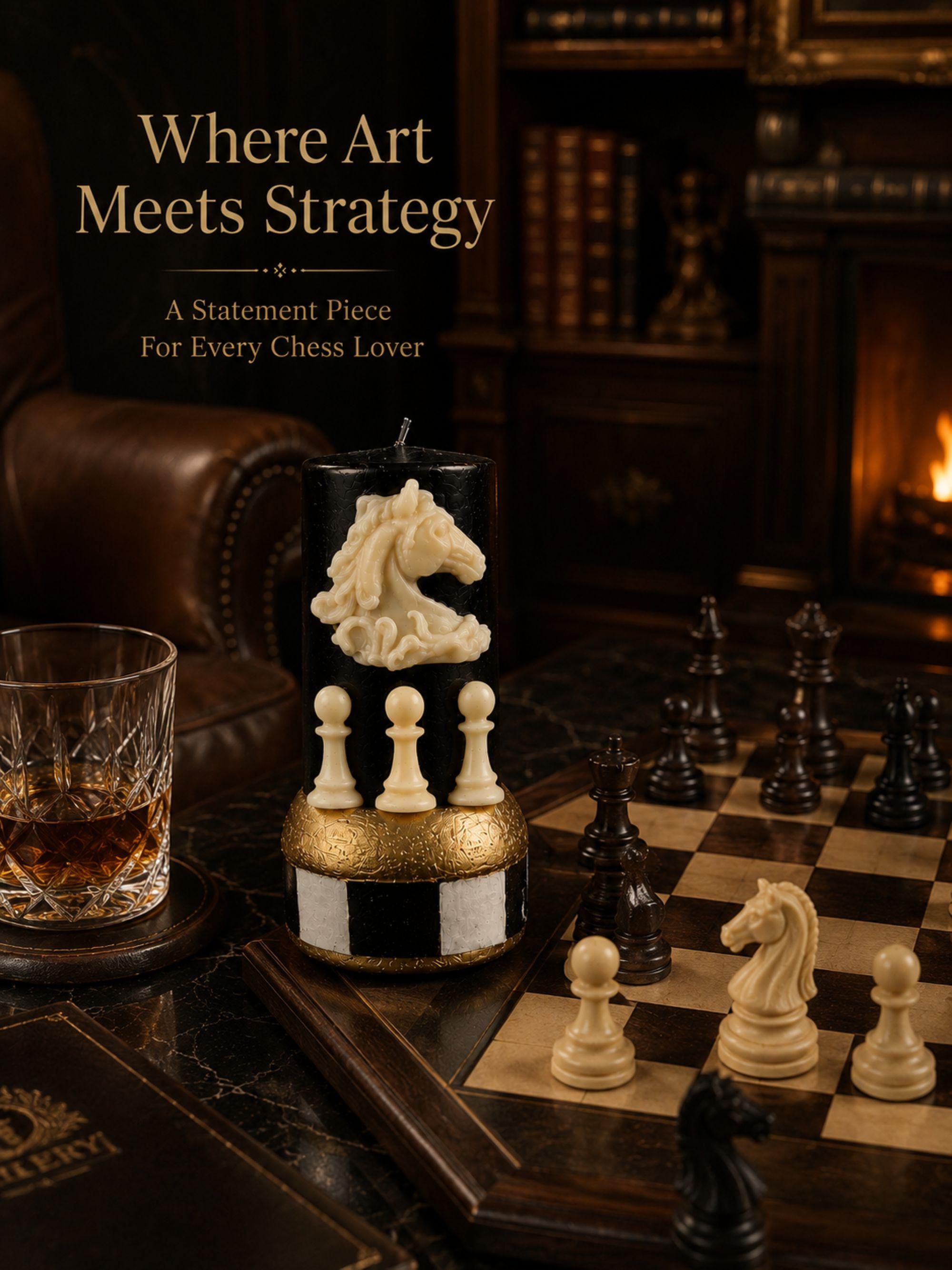 Handmade chess candle featuring a detailed white knight chess piece and three white pawns on a black sculptural pillar candle with a gold geometric chessboard-inspired base. Decorative soy wax candle for chess lovers, chess players, chess coaches, game room decor, office decor, library styling, dark academia interiors, gothic home decor, luxury desk accessories, collectible chess gift, unique handmade candle, Father's Day gift, birthday gift, modern home decoration.