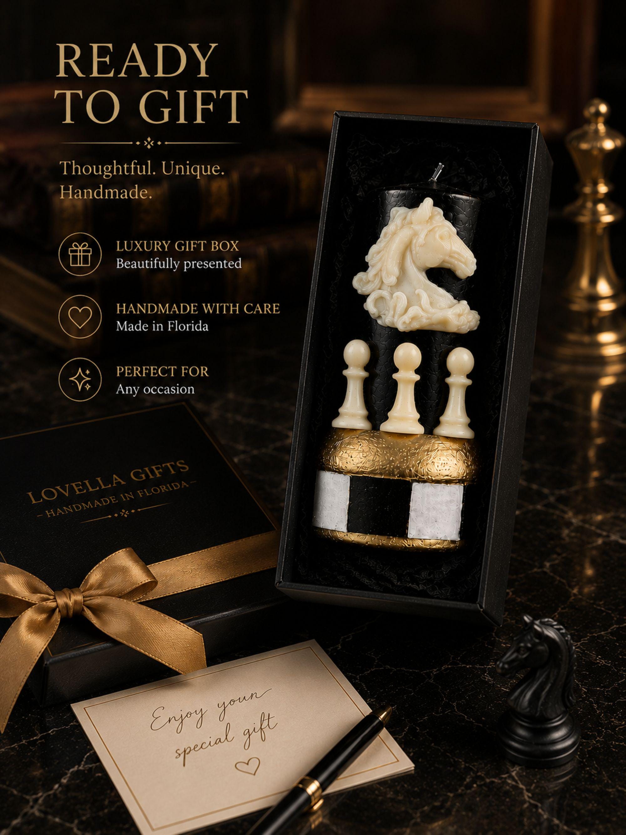 Handmade chess candle featuring a detailed white knight chess piece and three white pawns on a black sculptural pillar candle with a gold geometric chessboard-inspired base. Decorative soy wax candle for chess lovers, chess players, chess coaches, game room decor, office decor, library styling, dark academia interiors, gothic home decor, luxury desk accessories, collectible chess gift, unique handmade candle, Father's Day gift, birthday gift, modern home decoration.