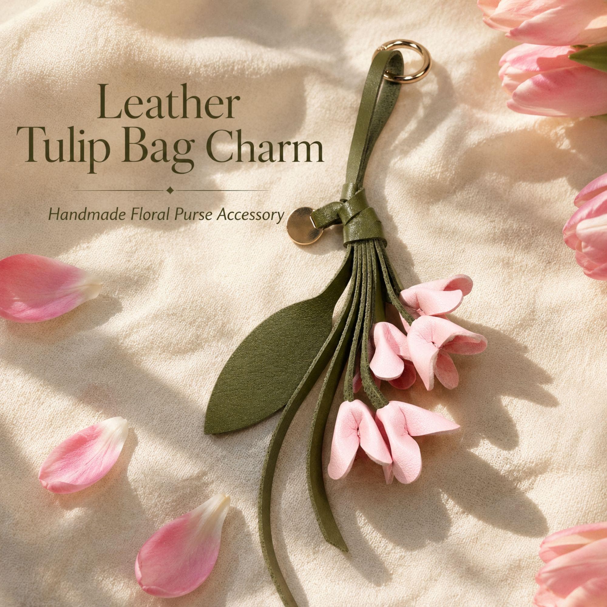 Handmade leather tulip bag charm featuring five soft blush pink leather tulip flowers, an olive green leather leaf, handmade leather tassel, and gold hardware. Floral purse charm designed for tote bags, handbags, shoulder bags, backpacks, straw bags, beach bags, and everyday purses. Lightweight botanical leather keychain inspired by spring flowers. A thoughtful handmade gift for women, moms, sisters, daughters, bridesmaids, birthdays, Mother's Day, and spring fashion lovers.