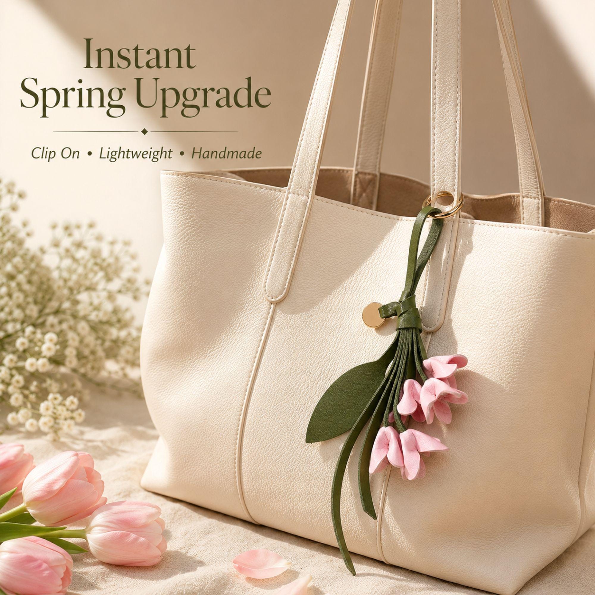 Handmade leather tulip bag charm featuring five soft blush pink leather tulip flowers, an olive green leather leaf, handmade leather tassel, and gold hardware. Floral purse charm designed for tote bags, handbags, shoulder bags, backpacks, straw bags, beach bags, and everyday purses. Lightweight botanical leather keychain inspired by spring flowers. A thoughtful handmade gift for women, moms, sisters, daughters, bridesmaids, birthdays, Mother's Day, and spring fashion lovers.