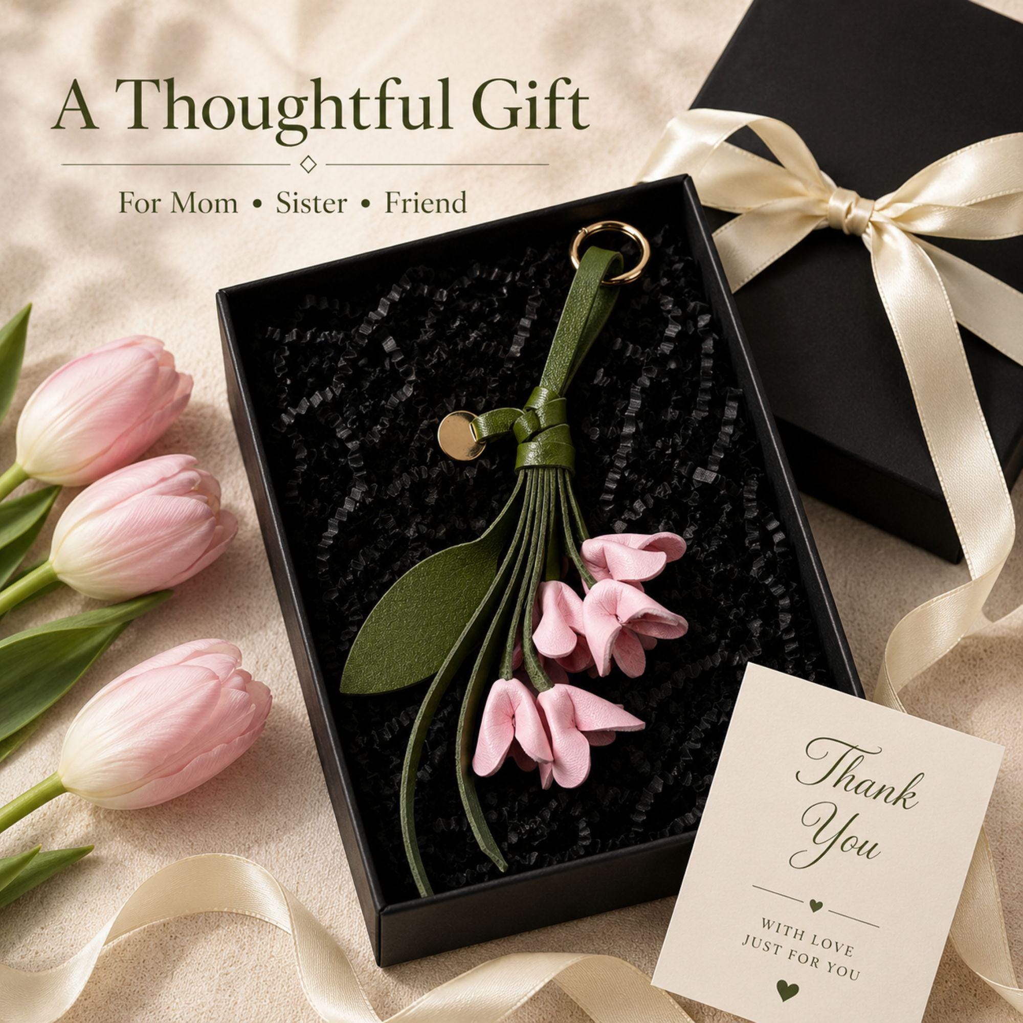 Handmade leather tulip bag charm featuring five soft blush pink leather tulip flowers, an olive green leather leaf, handmade leather tassel, and gold hardware. Floral purse charm designed for tote bags, handbags, shoulder bags, backpacks, straw bags, beach bags, and everyday purses. Lightweight botanical leather keychain inspired by spring flowers. A thoughtful handmade gift for women, moms, sisters, daughters, bridesmaids, birthdays, Mother's Day, and spring fashion lovers.