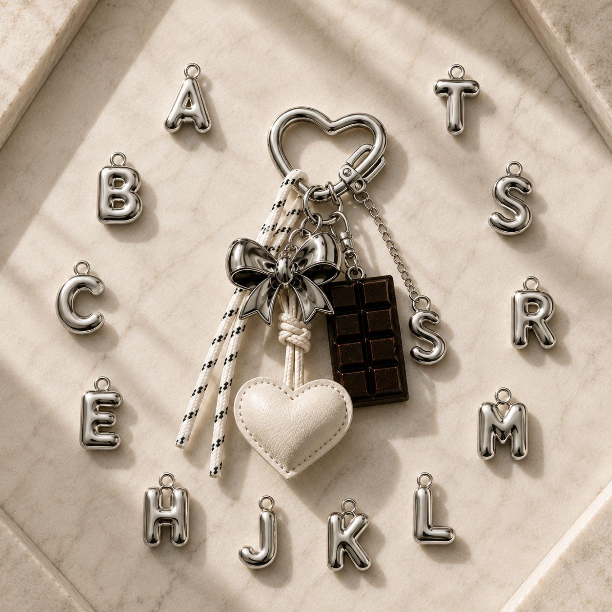 Personalized Bag Charm heart purse charm with bow keychain, initial charm, coquette handbag accessory, and cute gift styling.