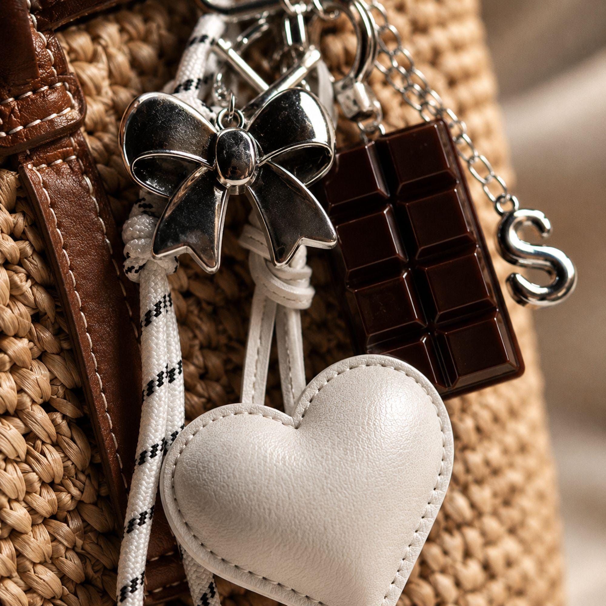 Personalized Bag Charm heart purse charm with bow keychain, initial charm, coquette handbag accessory, and cute gift styling.
