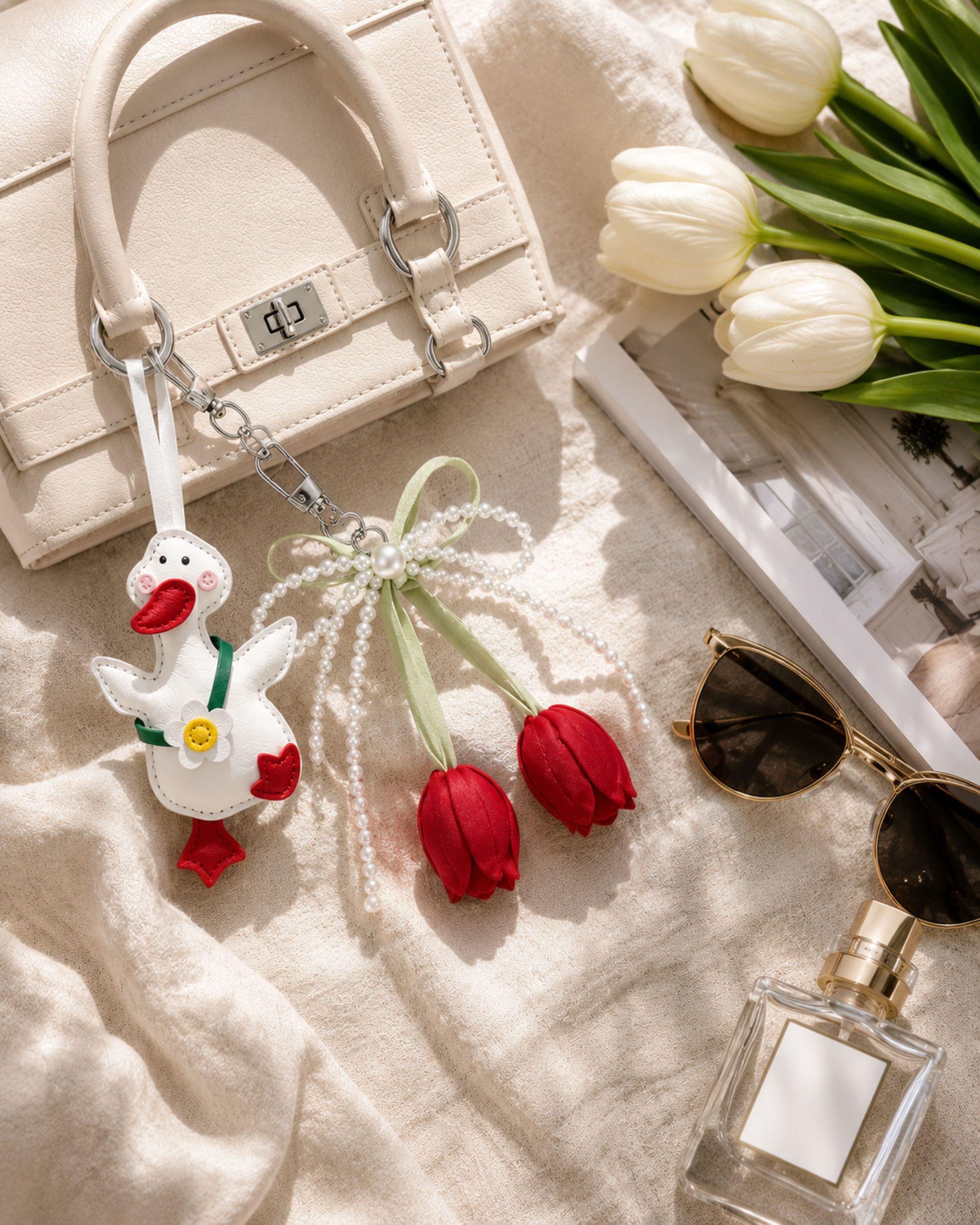 Duck Bag Charm goose purse charm with pearl bow, tulip details, optional initial charm, and cute coquette handbag accessory styling.