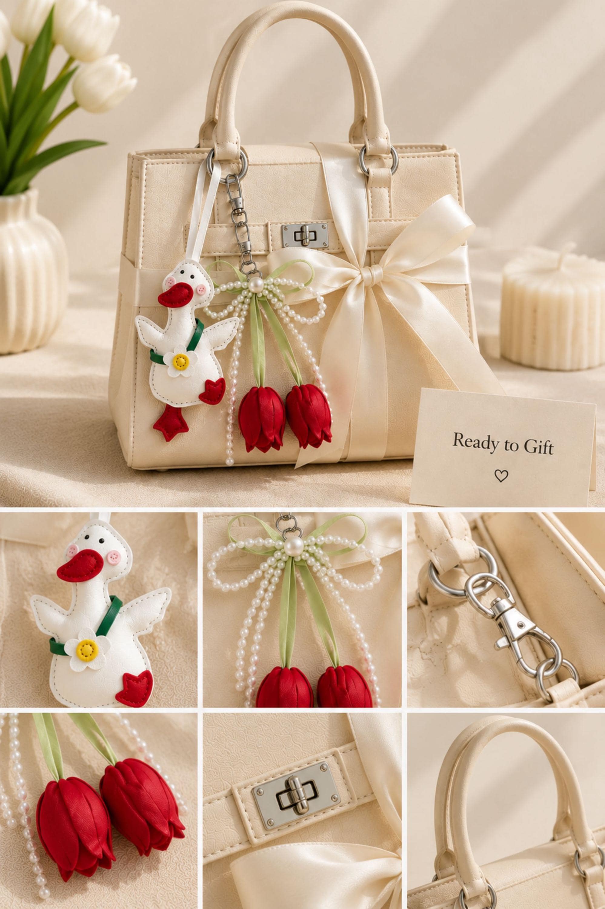 Duck Bag Charm goose purse charm with pearl bow, tulip details, optional initial charm, and cute coquette handbag accessory styling.