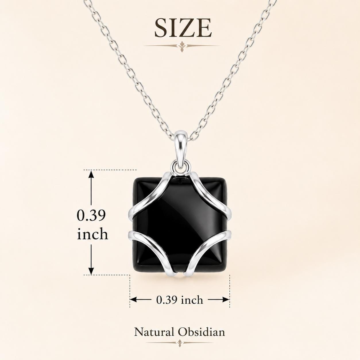 Sterling Silver Obsidian Necklace size guide showing a genuine square black obsidian gemstone pendant measuring 0.39 x 0.39 inch in a polished sterling silver setting, minimalist protection jewelry and meaningful gift for her.