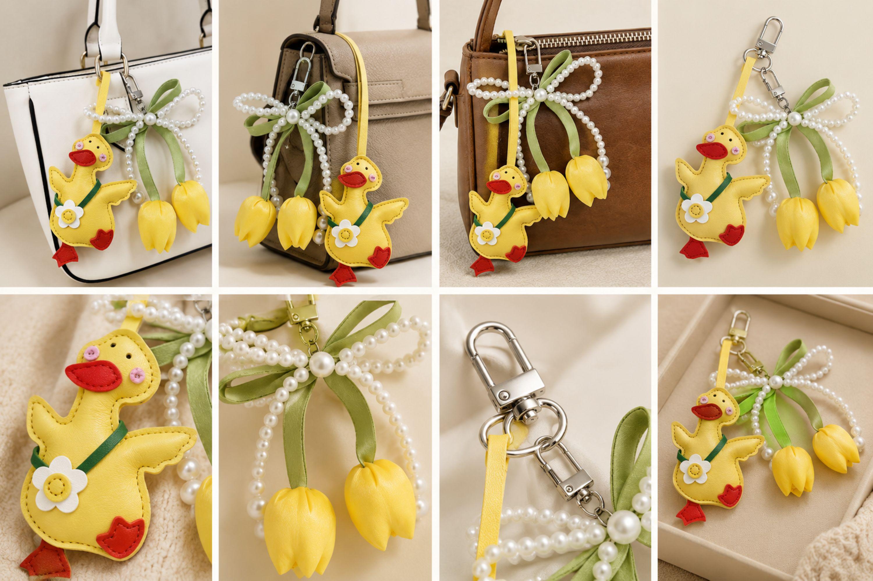 Yellow Duck Bag Charm personalized purse charm with tulip keychain, pearl bow, cute handbag accessory styling, and spring gift details.