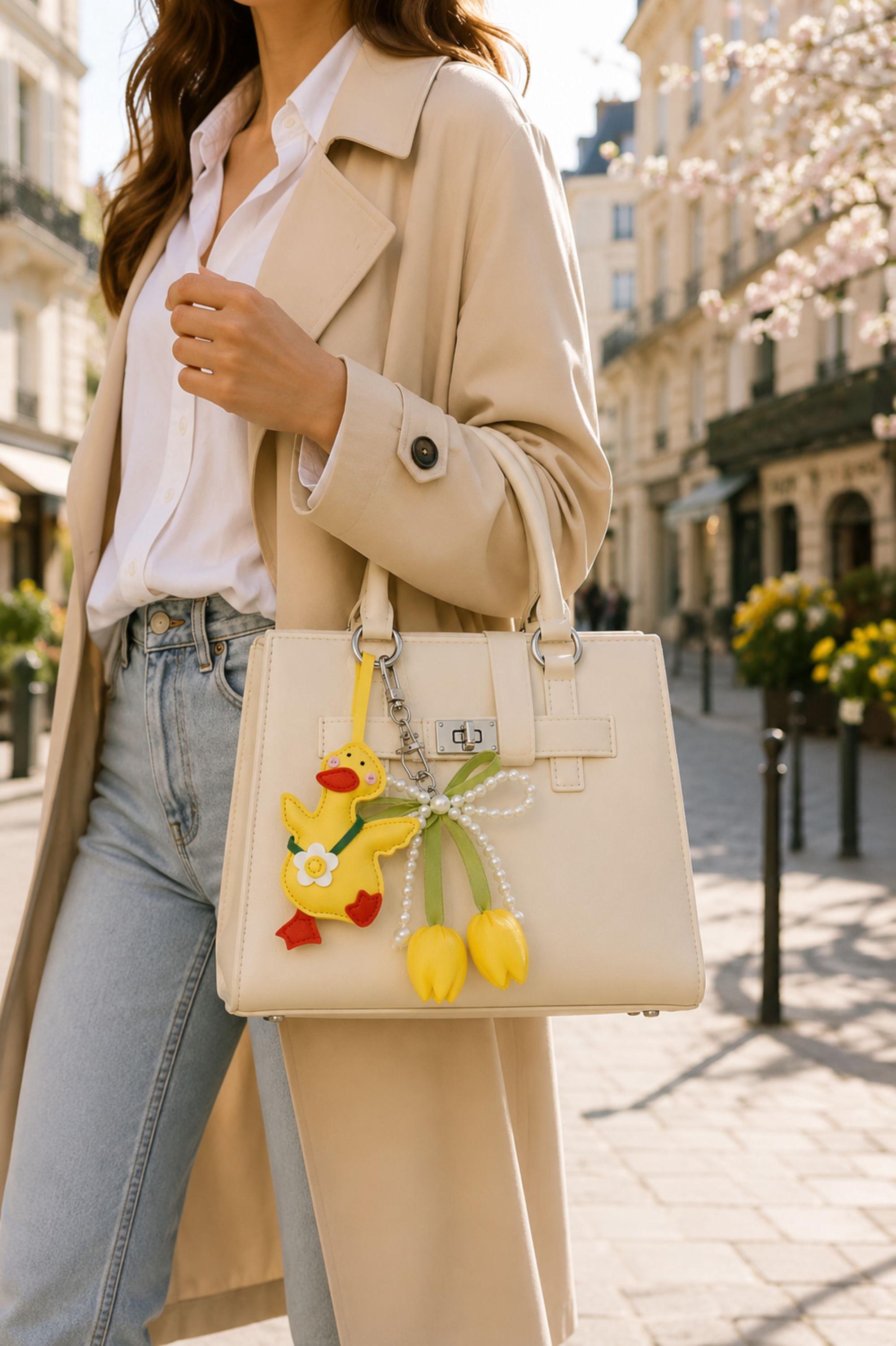 Yellow Duck Bag Charm personalized purse charm with tulip keychain, pearl bow, cute handbag accessory styling, and spring gift details.