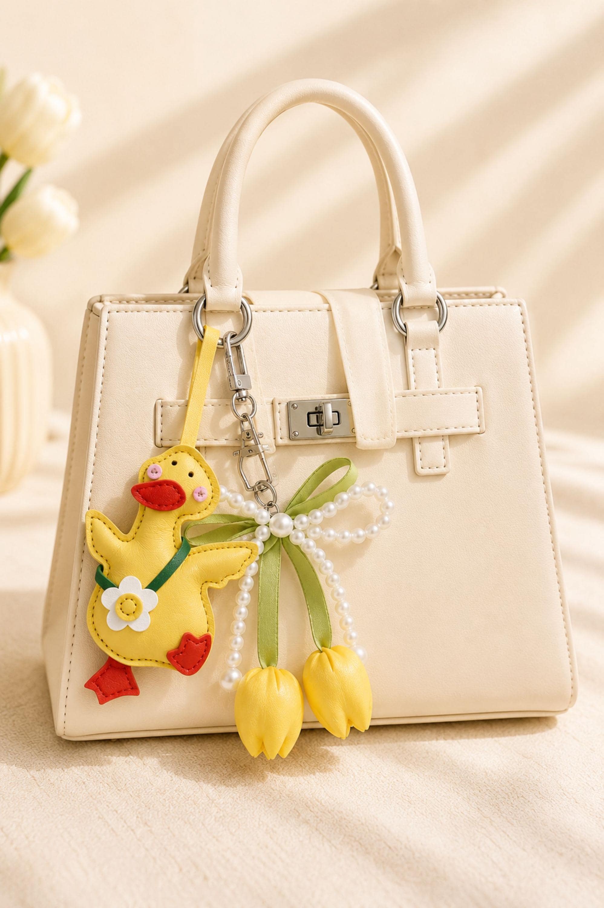 Yellow Duck Bag Charm personalized purse charm with tulip keychain, pearl bow, cute handbag accessory styling, and spring gift details.