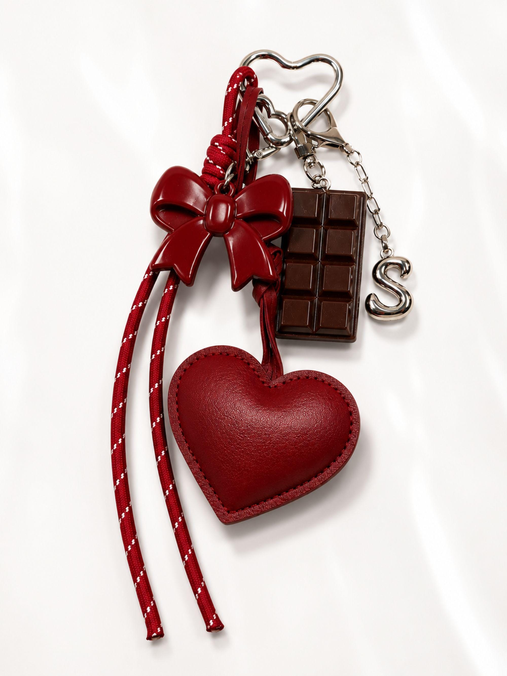 Initial Bag Charm personalized leather heart purse charm with optional letter, silver hardware, coquette bow detail, and cute handbag accessory styling.