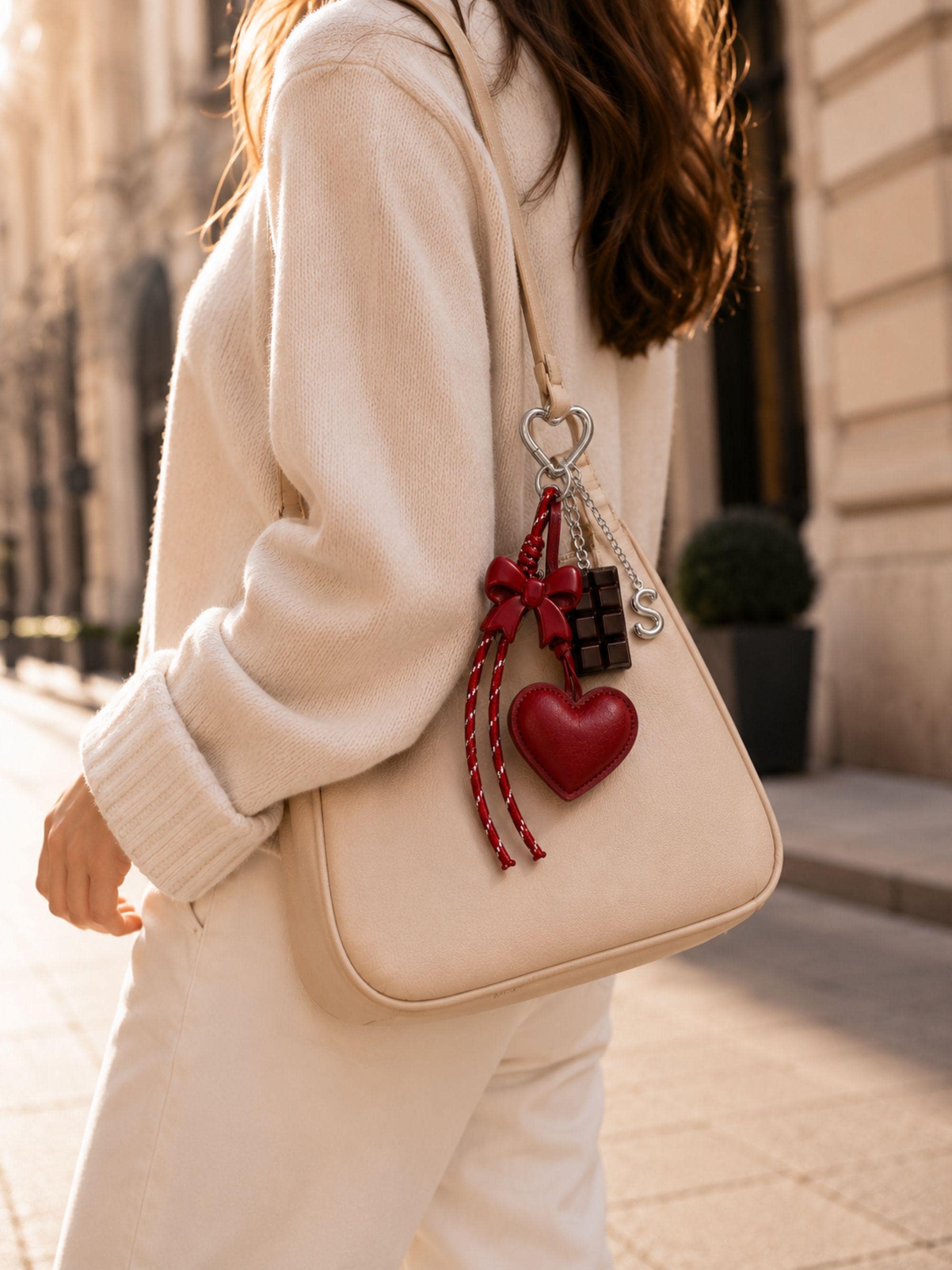 Initial Bag Charm personalized leather heart purse charm with optional letter, silver hardware, coquette bow detail, and cute handbag accessory styling.