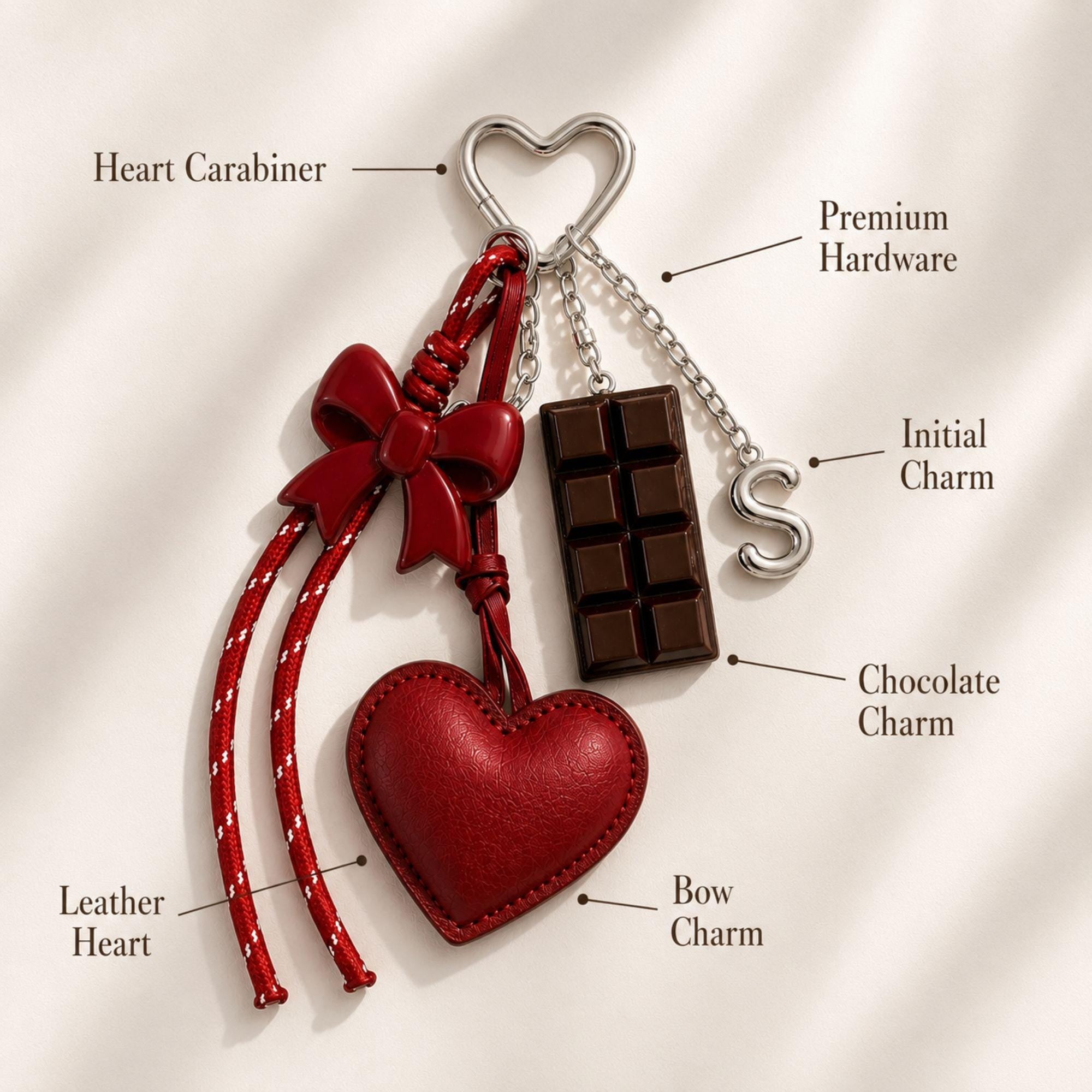 Initial Bag Charm personalized leather heart purse charm with optional letter, silver hardware, coquette bow detail, and cute handbag accessory styling.