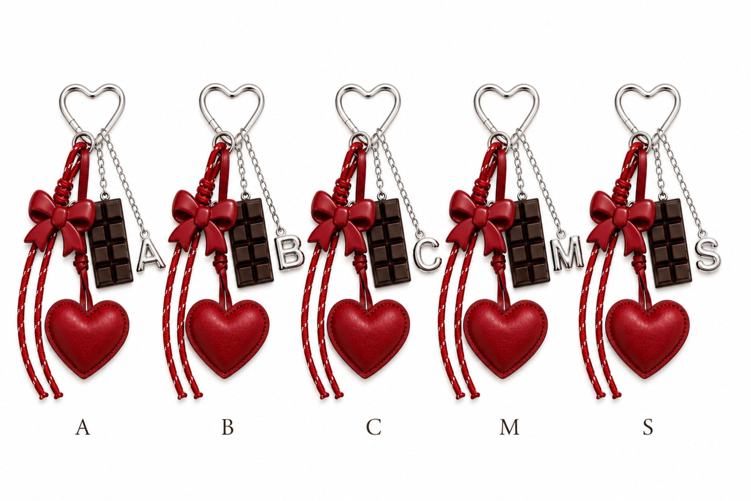 Initial Bag Charm personalized leather heart purse charm with optional letter, silver hardware, coquette bow detail, and cute handbag accessory styling.