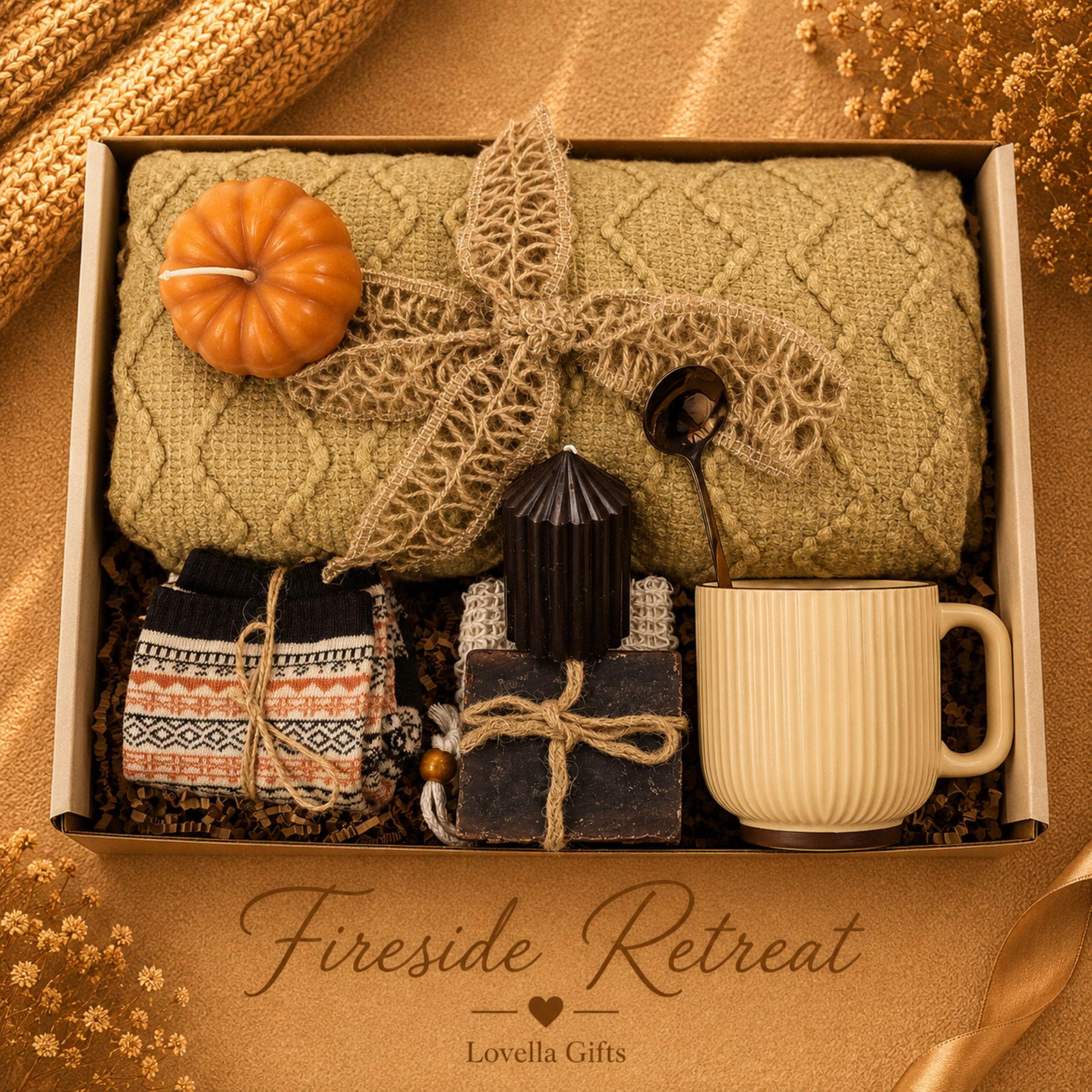 Thanksgiving gift box for women featuring a cozy knit blanket, handmade pumpkin soy candle, ceramic mug, artisan soap, decorative glass match bottle, plush teddy bear and cozy autumn socks in boutique gift packaging. Thanksgiving hostess gift basket perfect for hostess appreciation, thank you gifts, fall care packages, cozy blanket gifts, autumn self care, holiday gatherings, and seasonal gifts for mom, grandma, sister, friend, teacher or coworker.