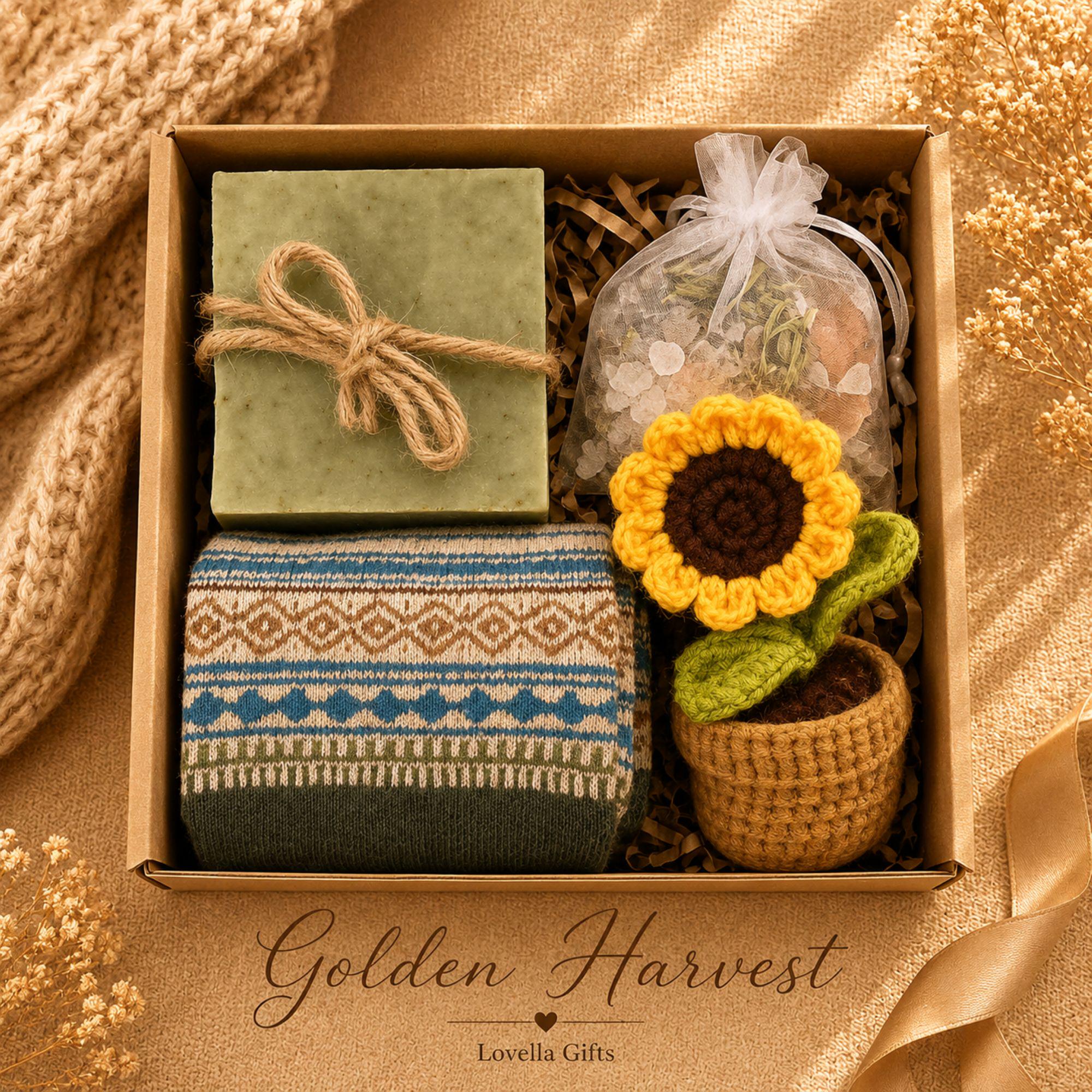 Employee thank you gift featuring handmade artisan soap, pumpkin soy candle, botanical wax sachet and crochet sunflower beautifully packaged in a luxury business gift box. Client appreciation gift box perfect for corporate thank you gifts, office gifts, staff appreciation gifts, employee recognition, coworker gifts, realtor closing gifts, team appreciation, business thank you gifts and professional client gifts. Handmade in Florida and ready to gift.