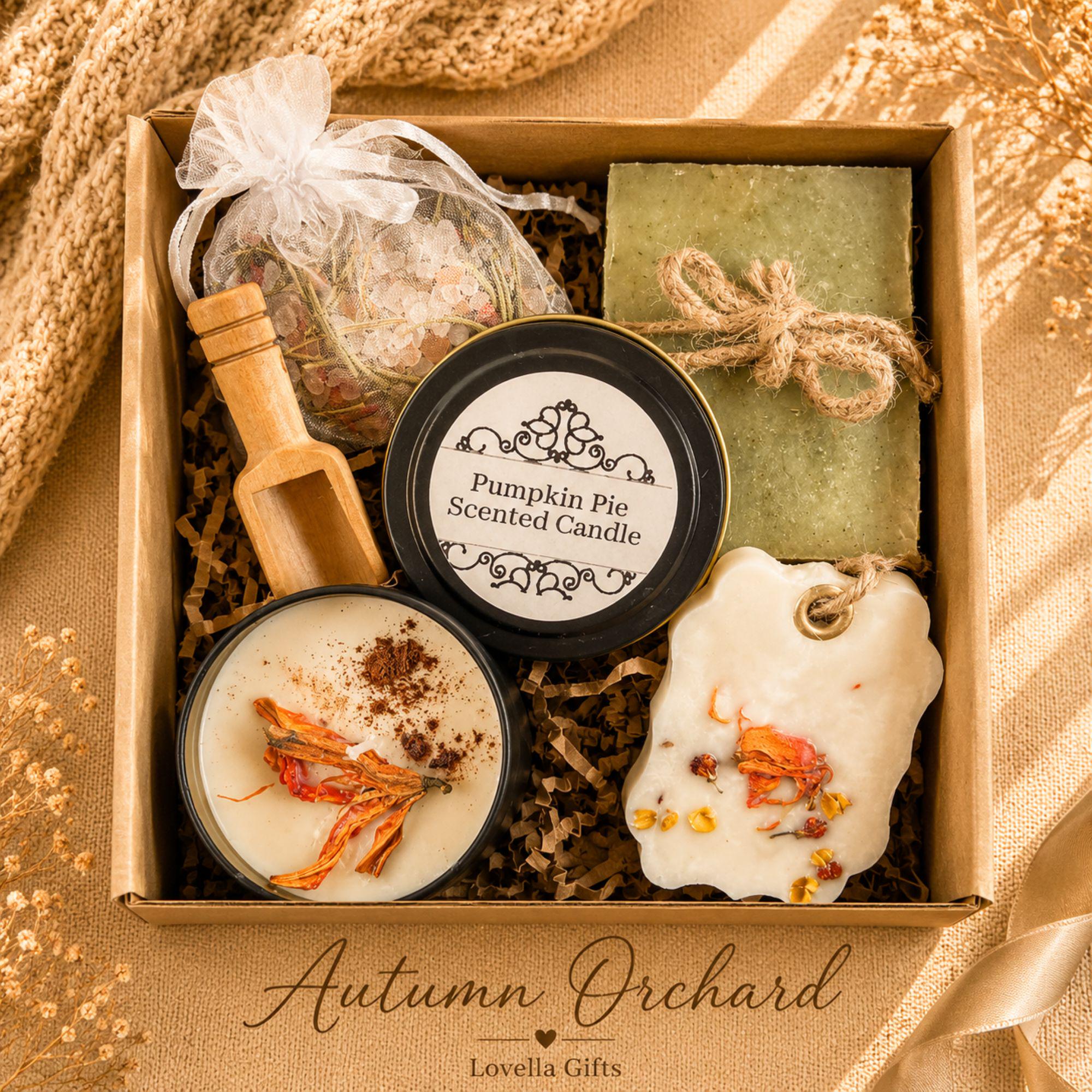 Employee thank you gift featuring handmade artisan soap, pumpkin soy candle, botanical wax sachet and crochet sunflower beautifully packaged in a luxury business gift box. Client appreciation gift box perfect for corporate thank you gifts, office gifts, staff appreciation gifts, employee recognition, coworker gifts, realtor closing gifts, team appreciation, business thank you gifts and professional client gifts. Handmade in Florida and ready to gift.