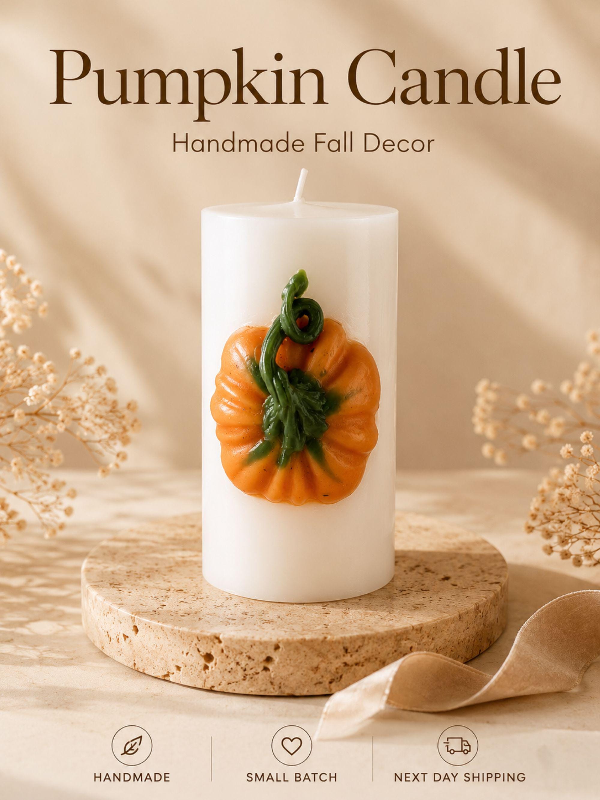 Pumpkin Candle fall soy wax pillar candle for autumn home decor, Thanksgiving table styling, harvest decor, and cozy seasonal gifts.