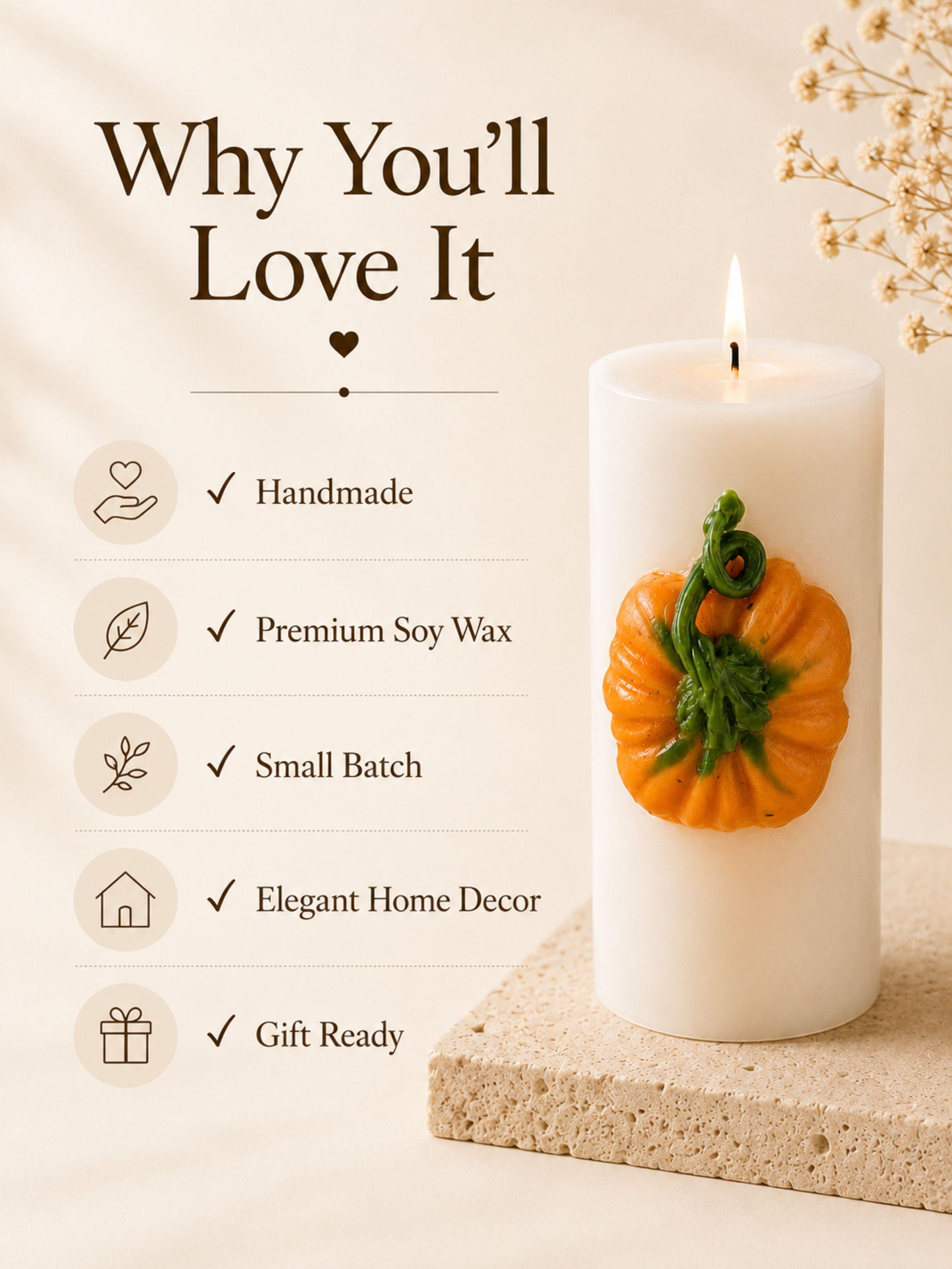 Pumpkin Candle fall soy wax pillar candle for autumn home decor, Thanksgiving table styling, harvest decor, and cozy seasonal gifts.