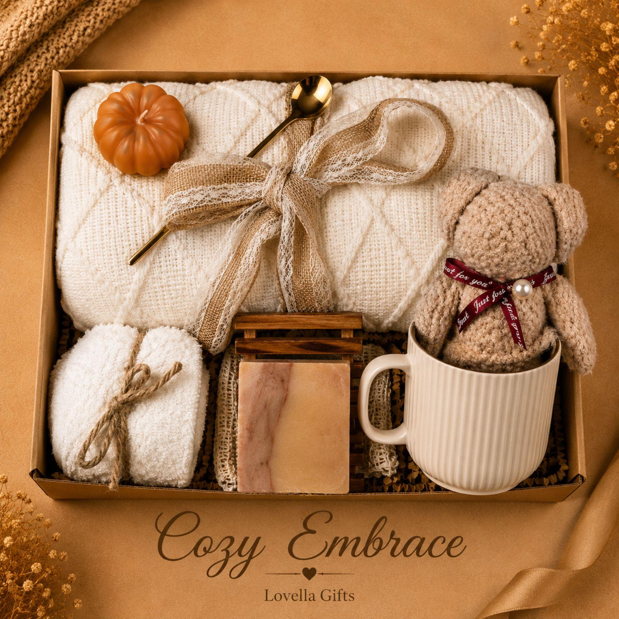 Hygge Gift Box for Women cozy autumn gift set with fall self care items, housewarming gift styling, and gift-ready packaging.