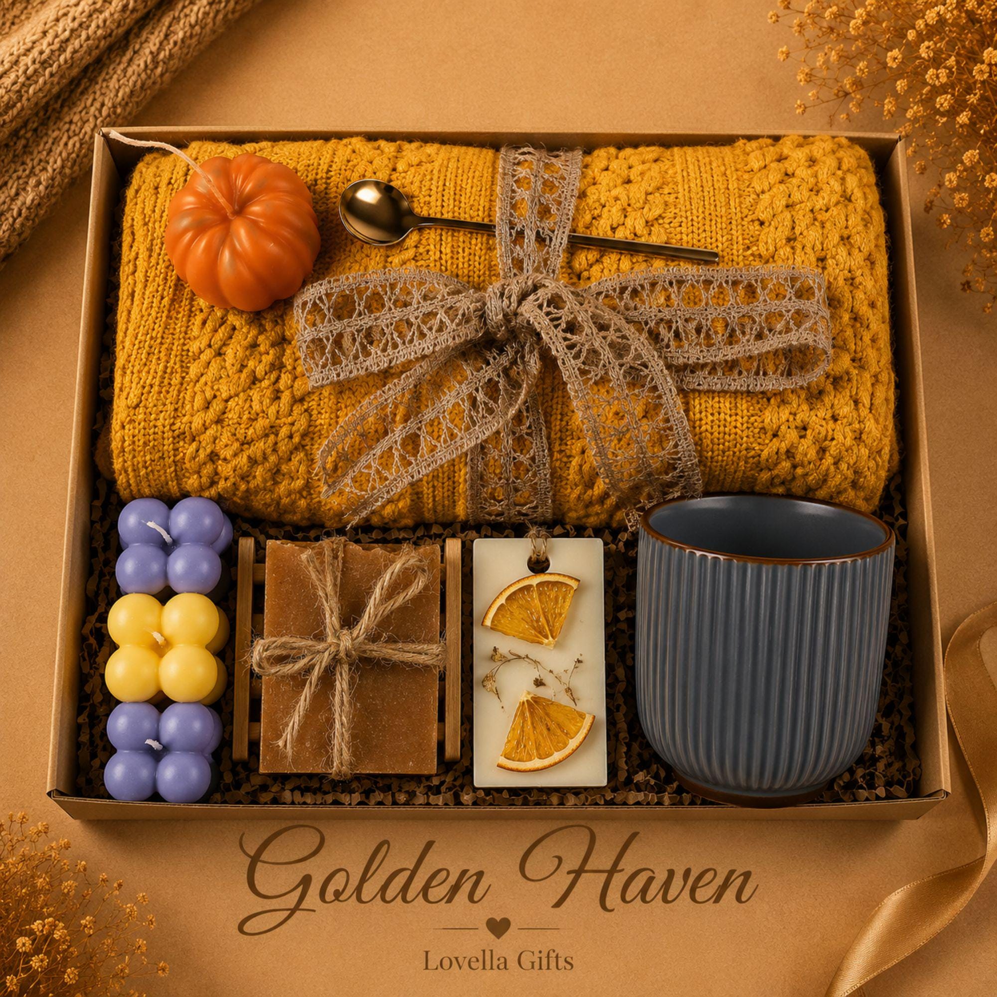 Hygge Gift Box for Women cozy autumn gift set with fall self care items, housewarming gift styling, and gift-ready packaging.
