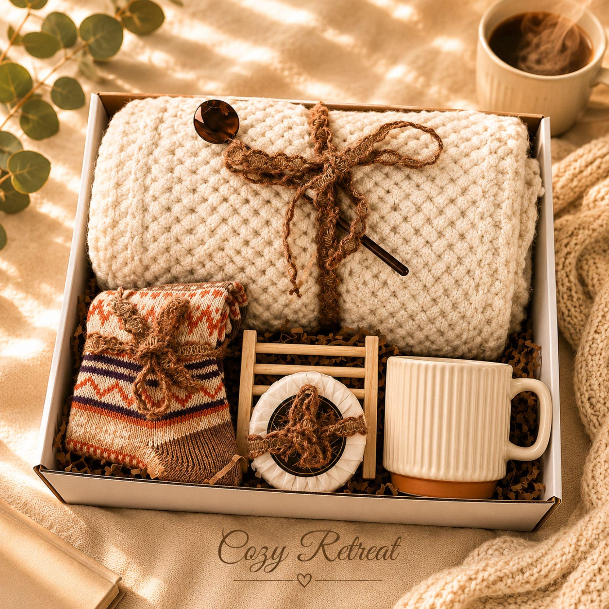 Hysterectomy Recovery Gift Box with cozy self care comfort items, surgery care package styling, get well soon support, and thoughtful gift for women presentation.