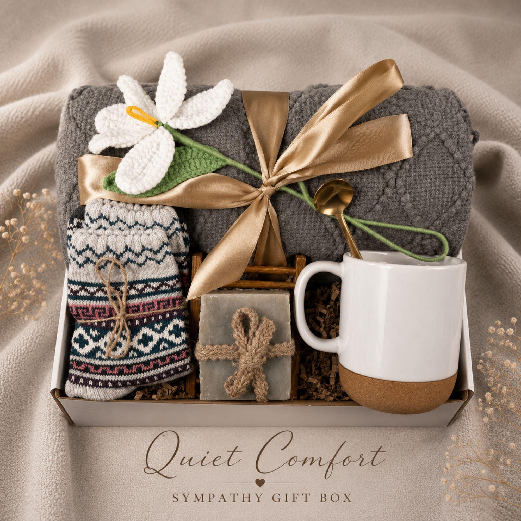 Miscarriage Gift Box pregnancy loss care package with gentle comfort items, baby loss memorial support, sympathy gift for mom, and bereavement presentation.