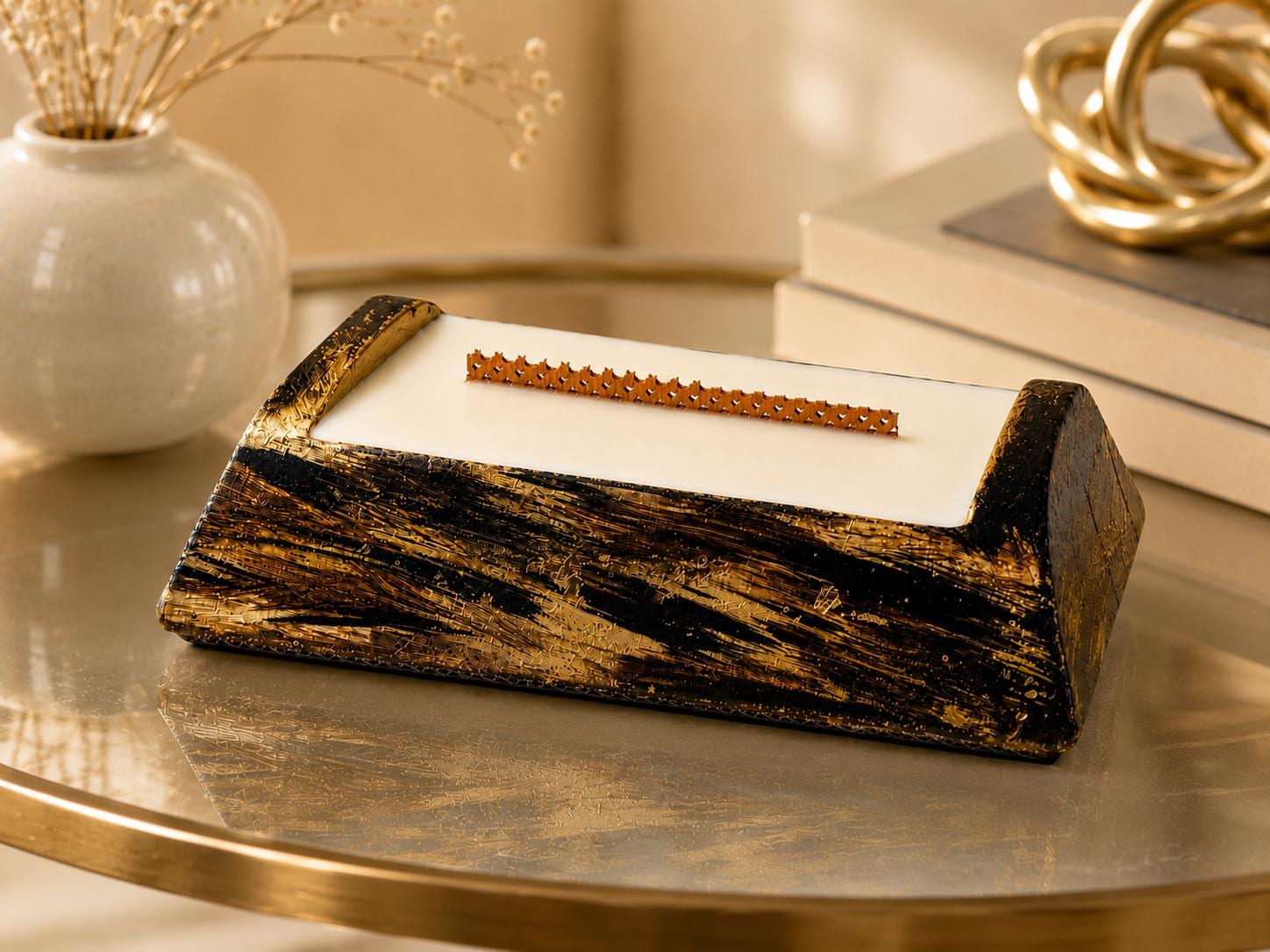 Luxury Decorative Candle gold leaf wood candle with handmade soy wax style, modern home decor, coffee table decor, and unique housewarming gift appeal. Product image 4.