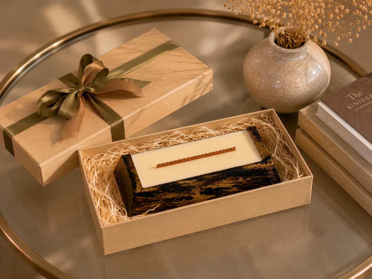 Luxury Decorative Candle gold leaf wood candle with handmade soy wax style, modern home decor, coffee table decor, and unique housewarming gift appeal. Product image 7.