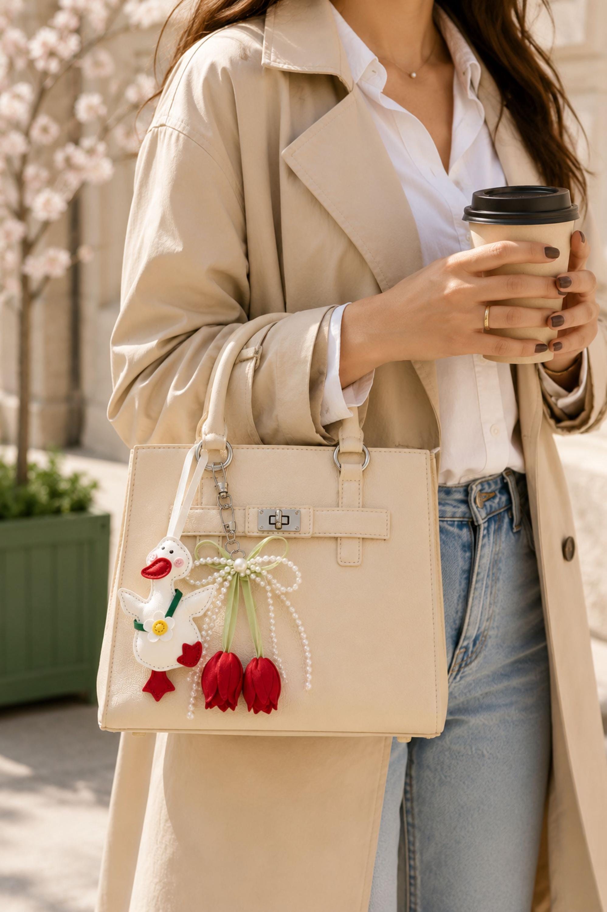 Duck Bag Charm goose purse charm with pearl bow, tulip details, optional initial charm, and cute coquette handbag accessory styling.