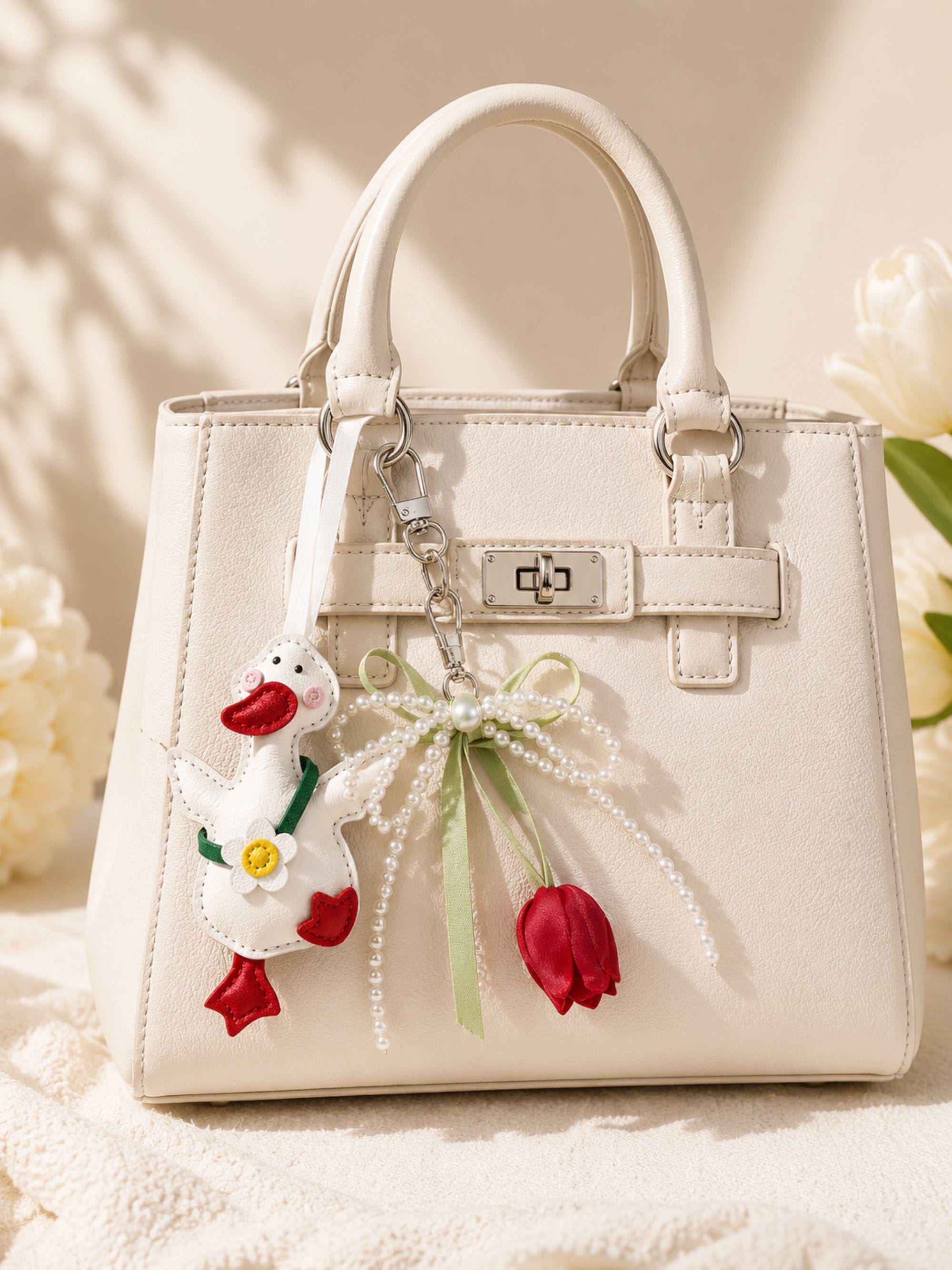 Duck Bag Charm goose purse charm with pearl bow, tulip details, optional initial charm, and cute coquette handbag accessory styling.