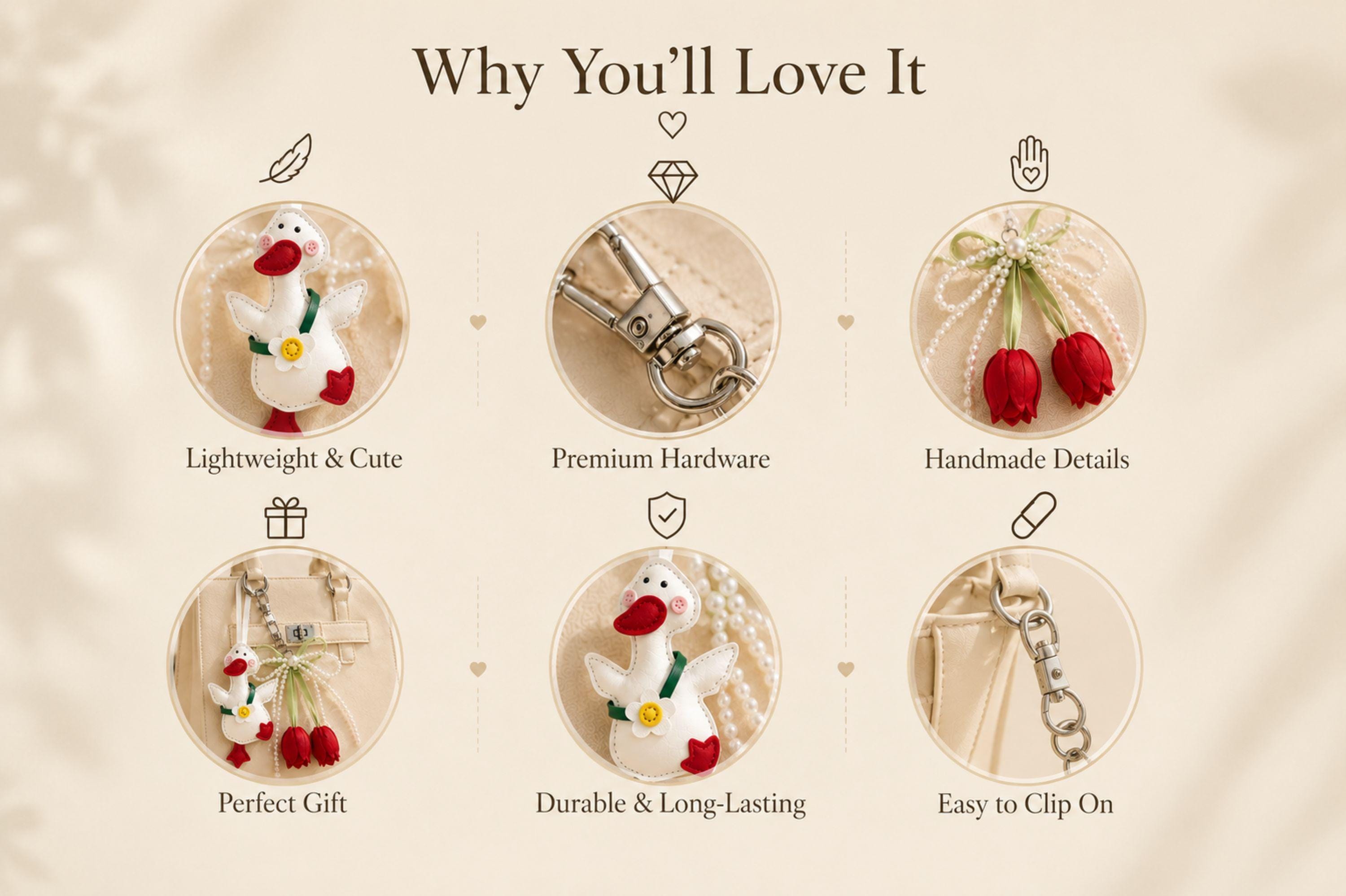 Duck Bag Charm goose purse charm with pearl bow, tulip details, optional initial charm, and cute coquette handbag accessory styling.