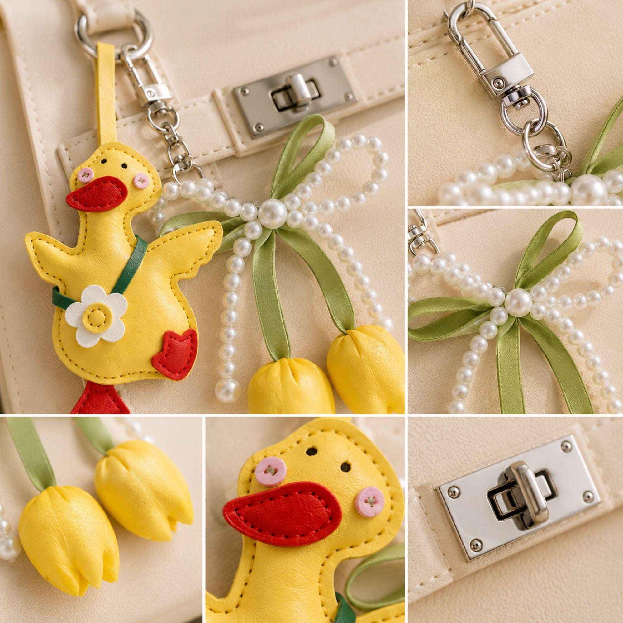 Yellow Duck Bag Charm personalized purse charm with tulip keychain, pearl bow, cute handbag accessory styling, and spring gift details.