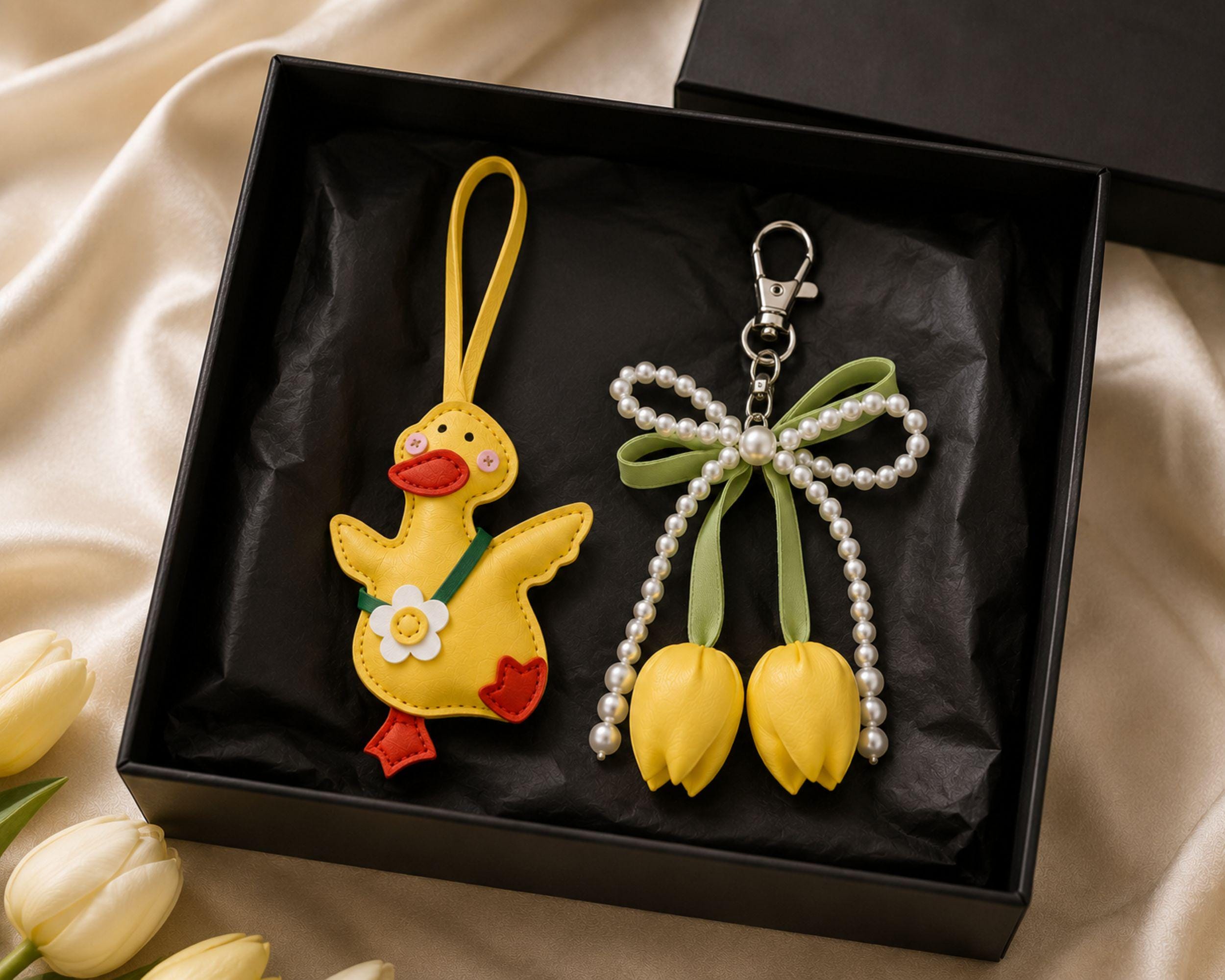 Yellow Duck Bag Charm personalized purse charm with tulip keychain, pearl bow, cute handbag accessory styling, and spring gift details.