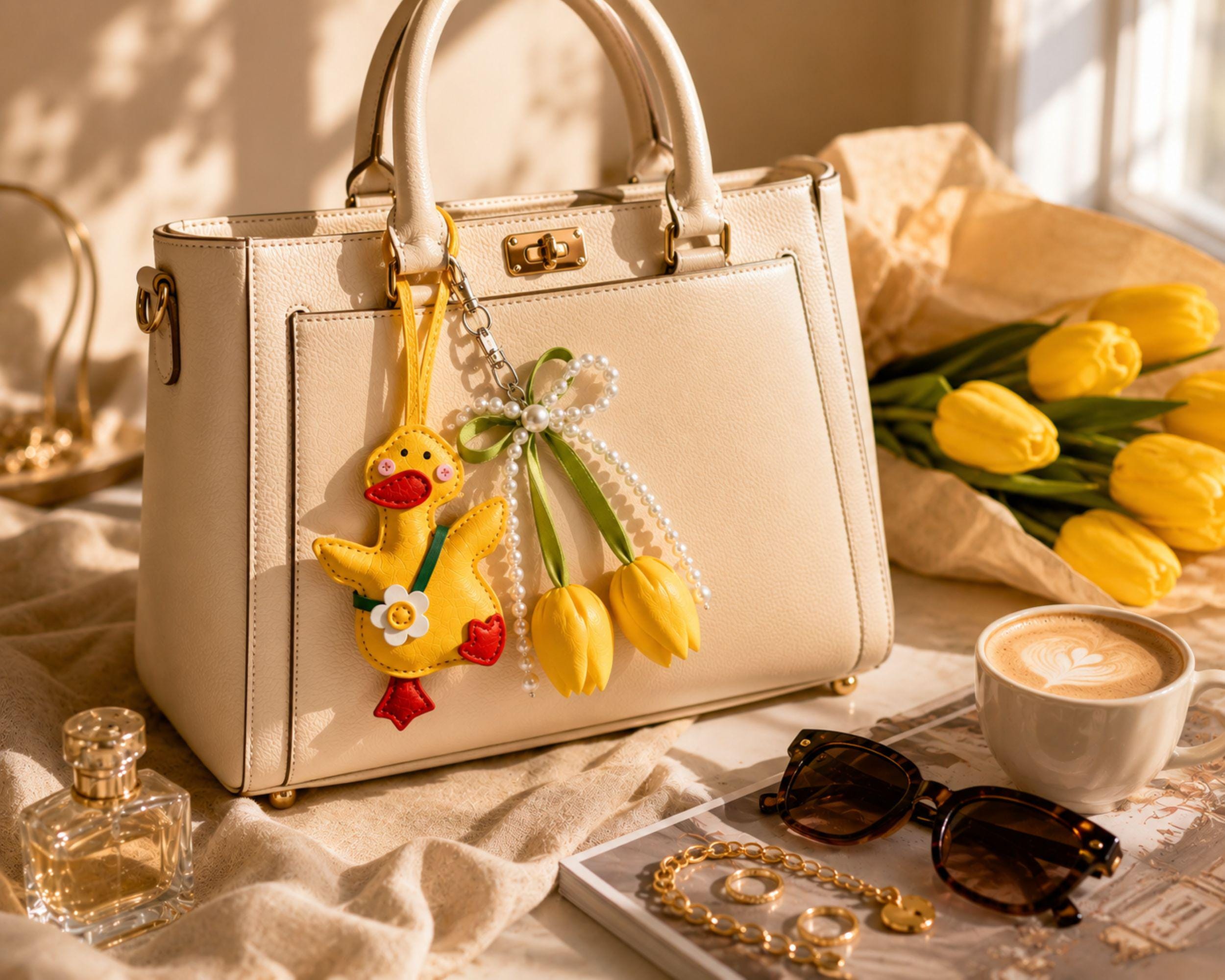 Yellow Duck Bag Charm personalized purse charm with tulip keychain, pearl bow, cute handbag accessory styling, and spring gift details.