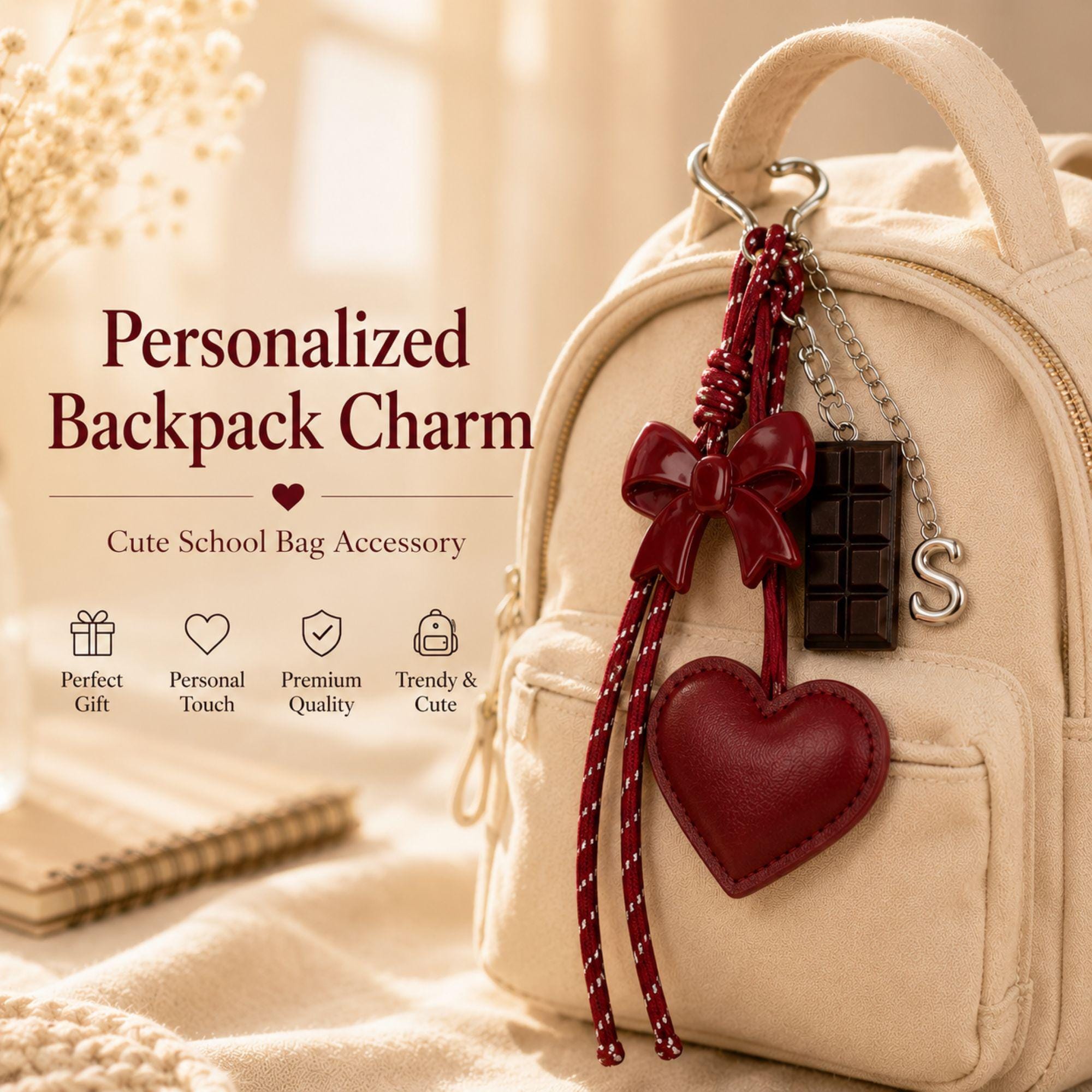 Personalized Backpack Charm initial bag keychain for girls, cute school bag charm, bookbag accessory, back to school gift, and personalized keychain. Product image 1.