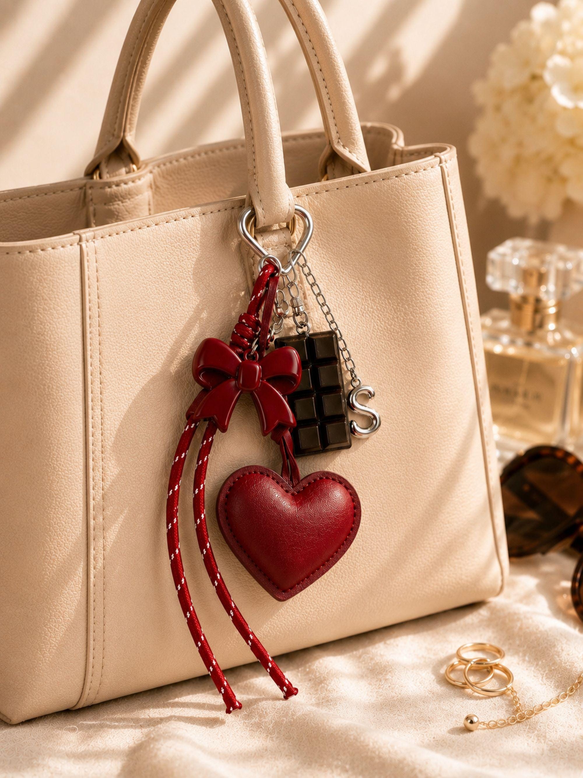 Initial Bag Charm personalized leather heart purse charm with optional letter, silver hardware, coquette bow detail, and cute handbag accessory styling.