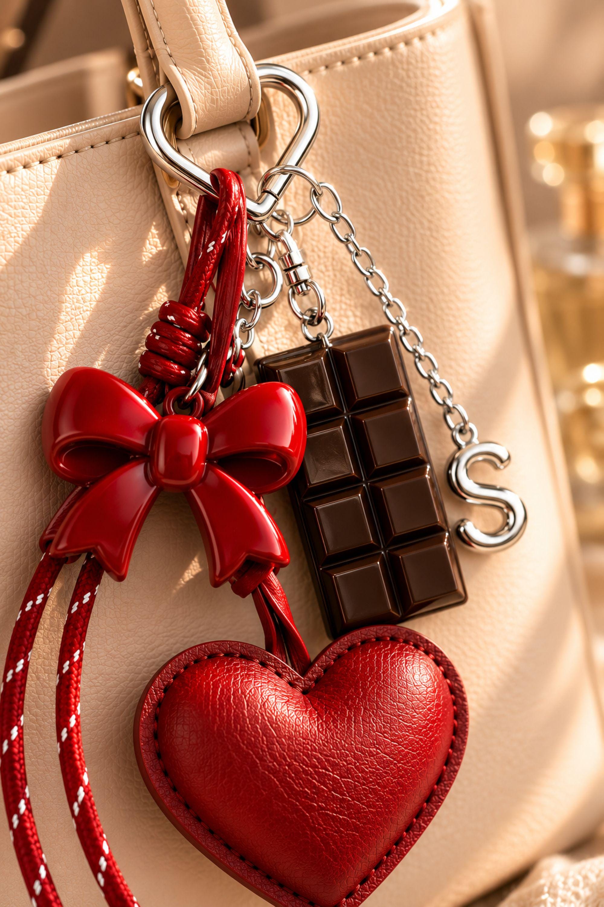 Initial Bag Charm personalized leather heart purse charm with optional letter, silver hardware, coquette bow detail, and cute handbag accessory styling.
