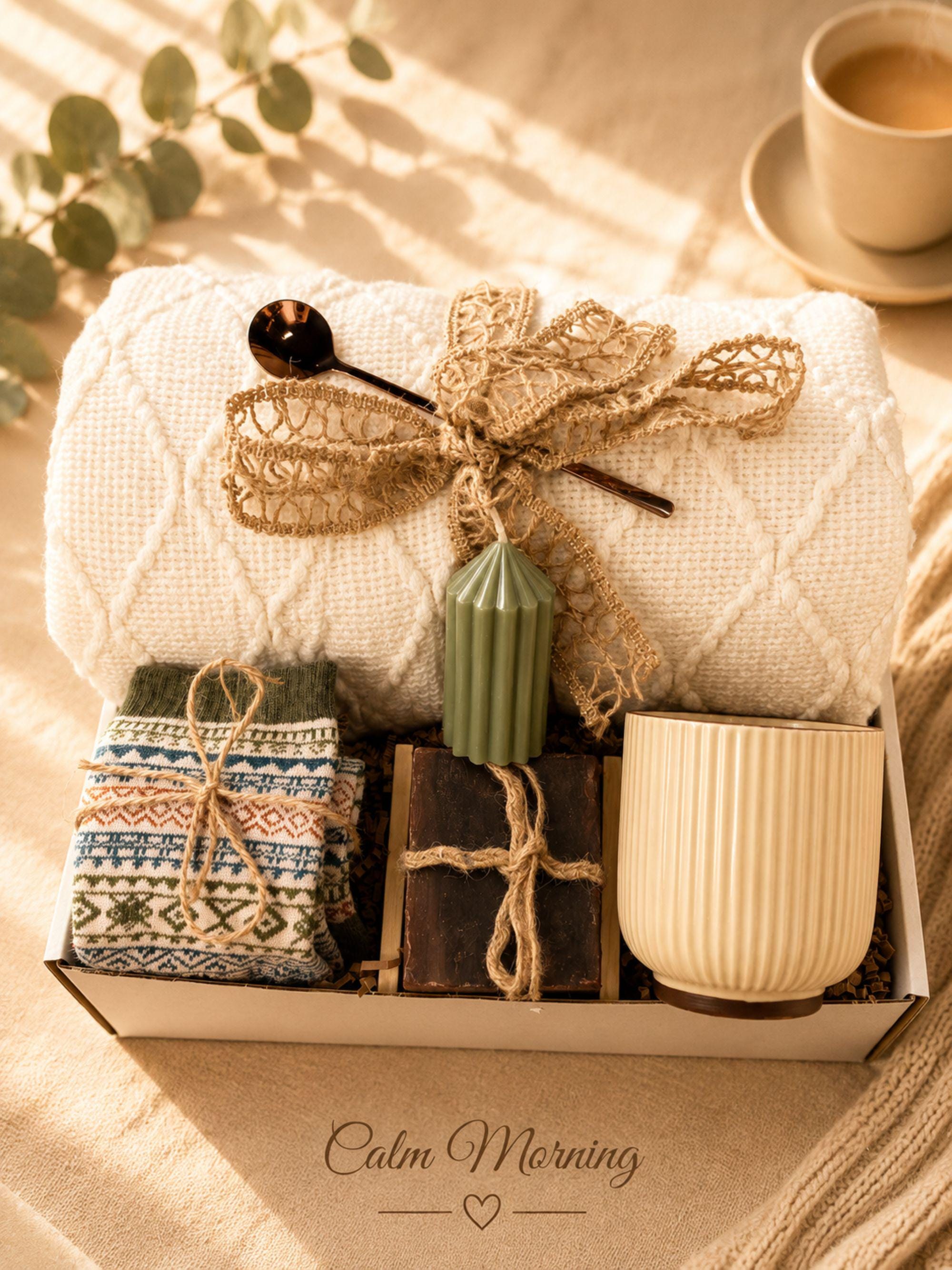Hysterectomy Recovery Gift Box with cozy self care comfort items, surgery care package styling, get well soon support, and thoughtful gift for women presentation.