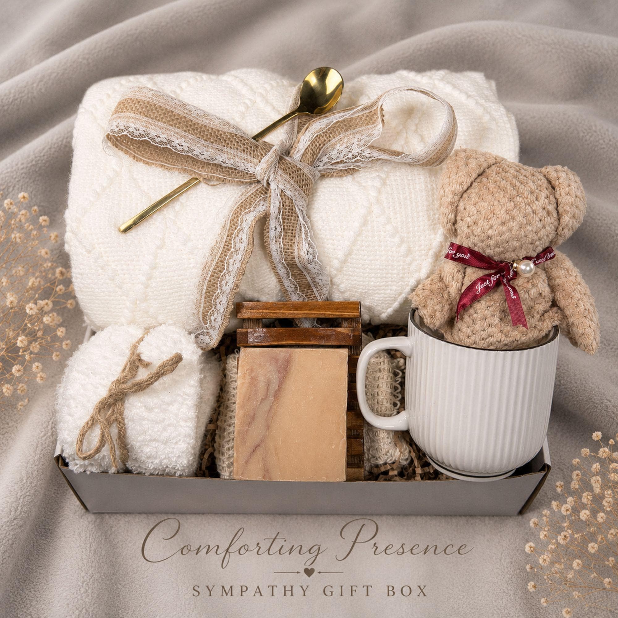 Loss of Mother Gift sympathy gift box with comforting bereavement care items, condolence support for loss of mom, and memorial gift presentation.