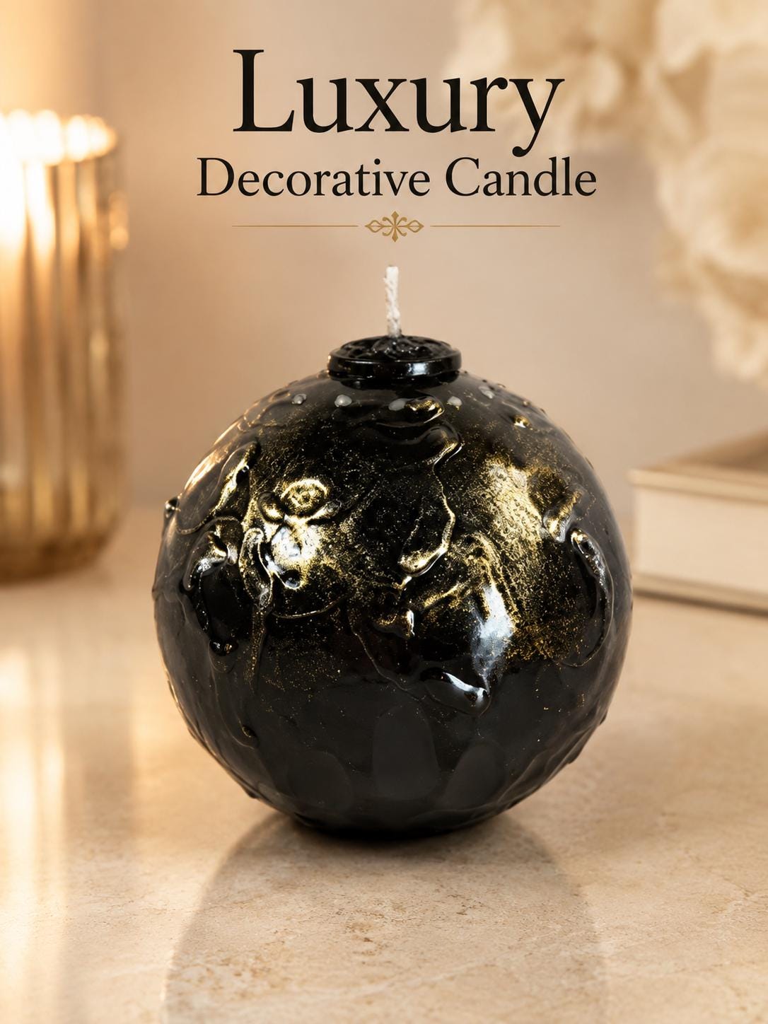 Luxury Black & Gold Sphere Candle handmade decorative candle for gothic decor, modern home decor, sculptural wax art, and housewarming gift. Product image 11.