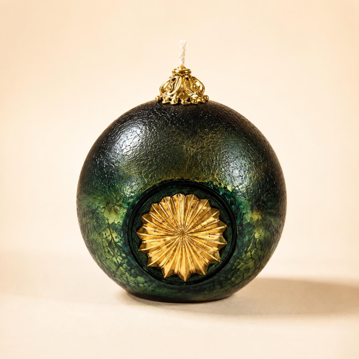 Luxury Decorative Orb Candle dark green handmade sculptural candle for modern home decor, unique housewarming gift, and sphere candle styling. Product image 1.