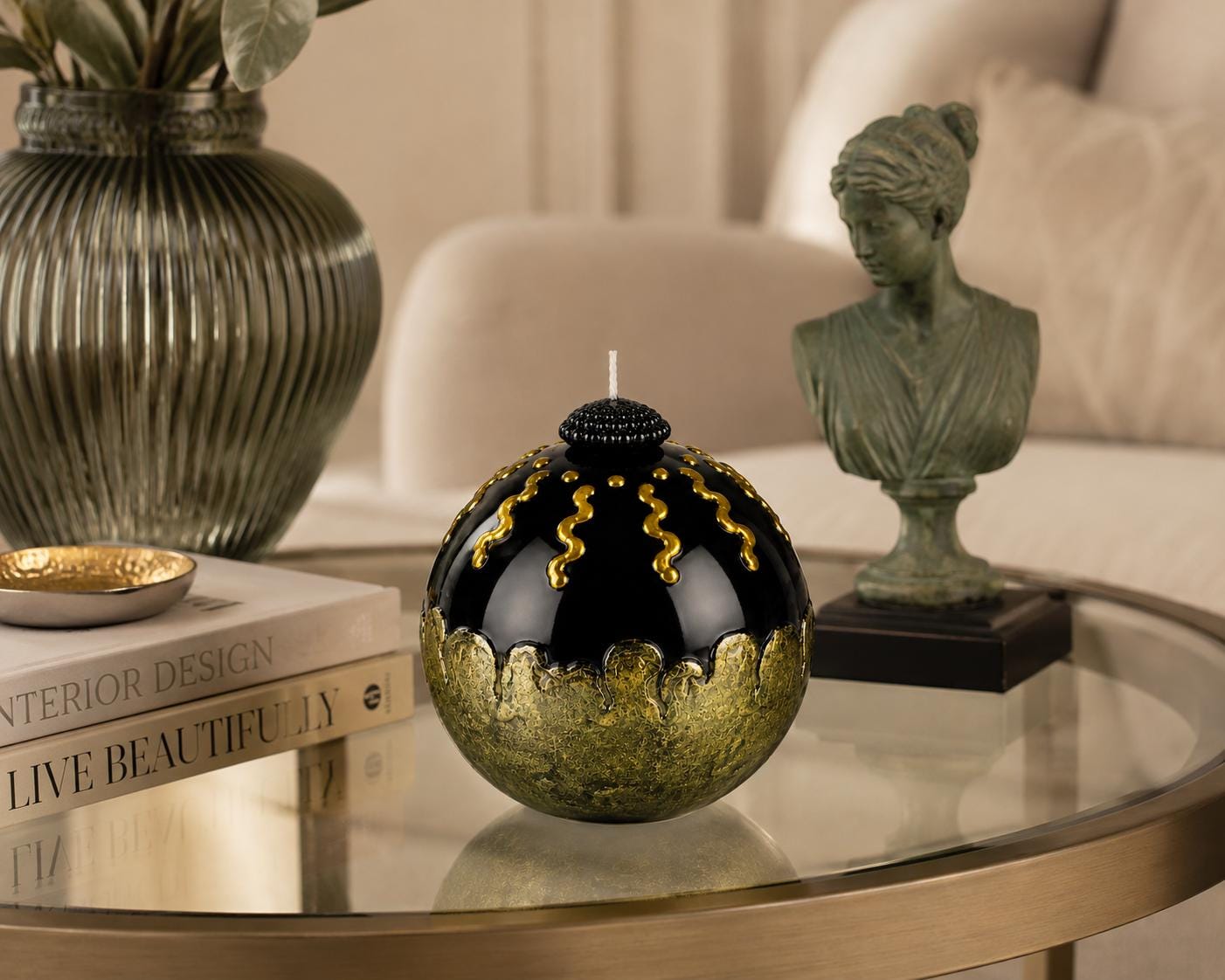 Luxury Decorative Sphere Candle black and gold handmade candle for modern home decor, sculptural art candle styling, and unique gift. Product image 4.