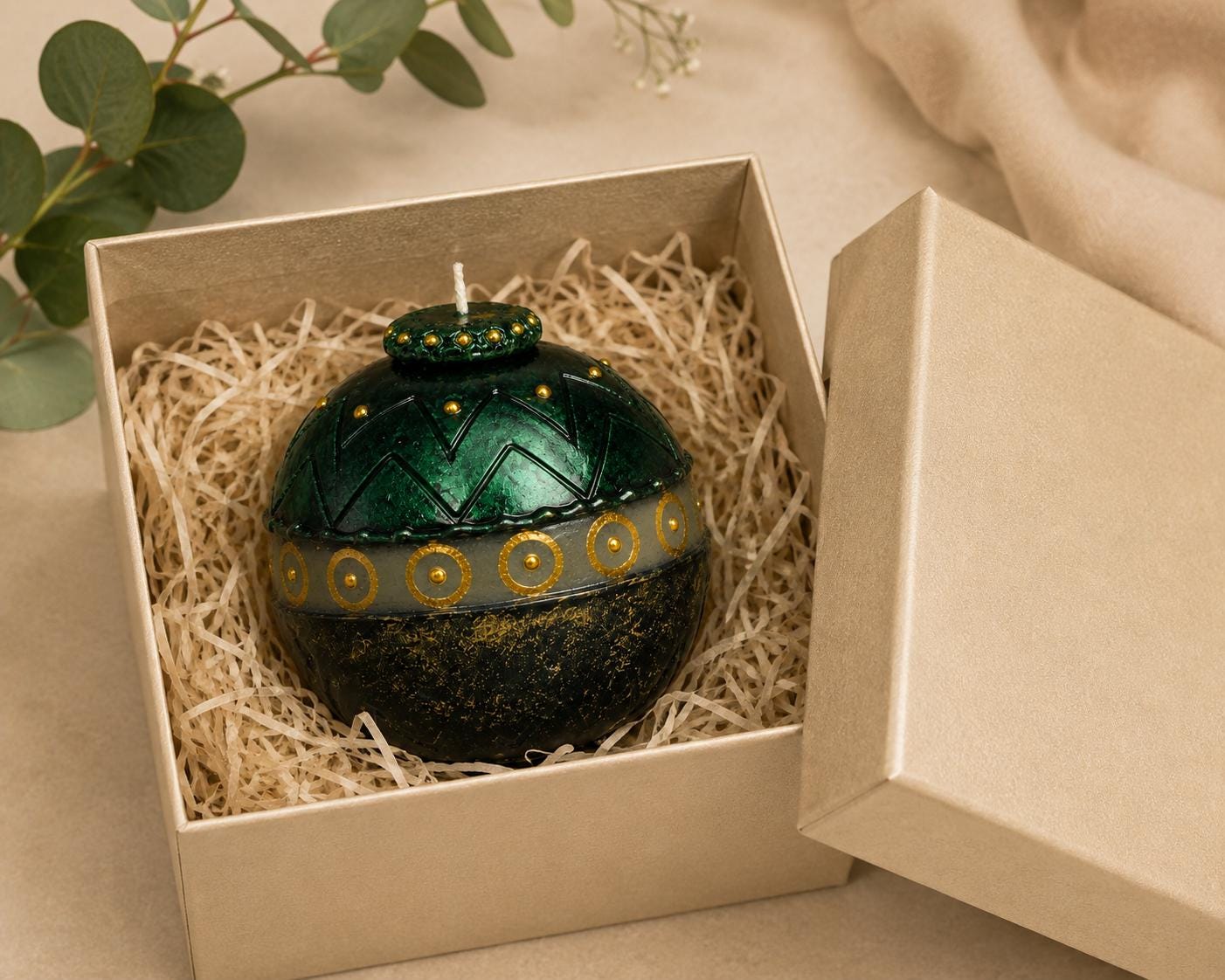 Luxury Green Decorative Candle emerald gold candle for unique home decor, elegant hostess gift, artistic candle styling, and housewarming gift. Product image 6.